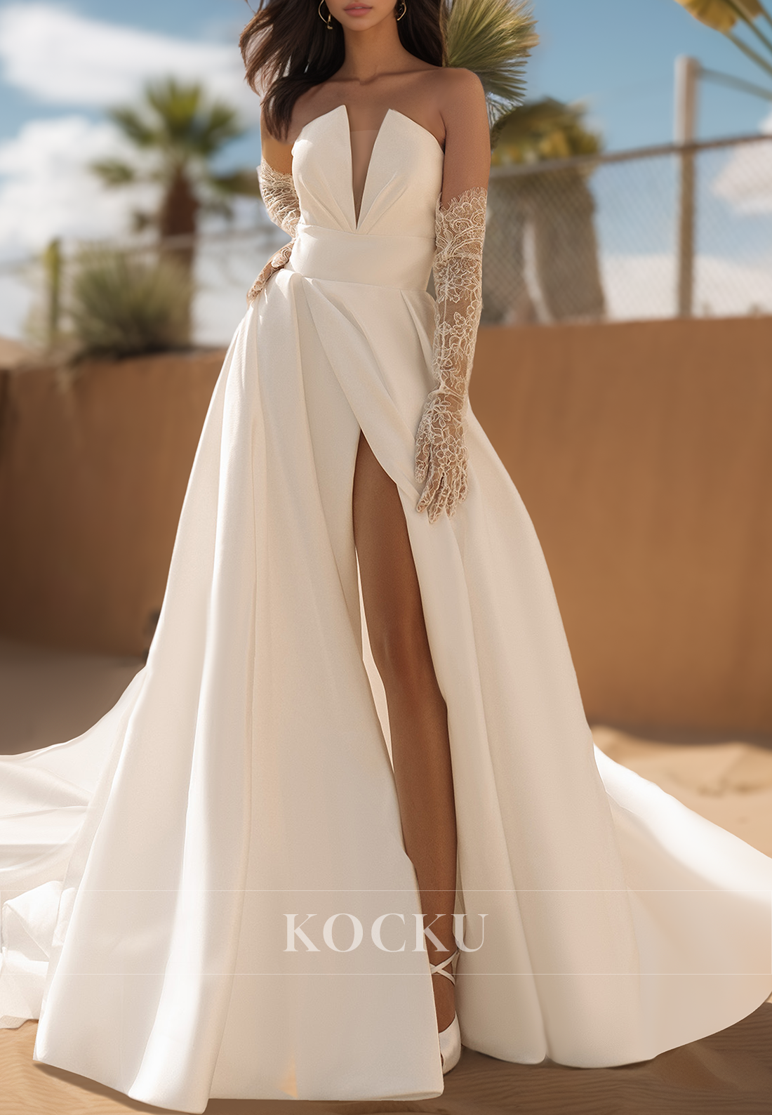 Simple Strapless A-Line Gloves Pleats Satin Beach Wedding Dress Boho Gown with Pockets