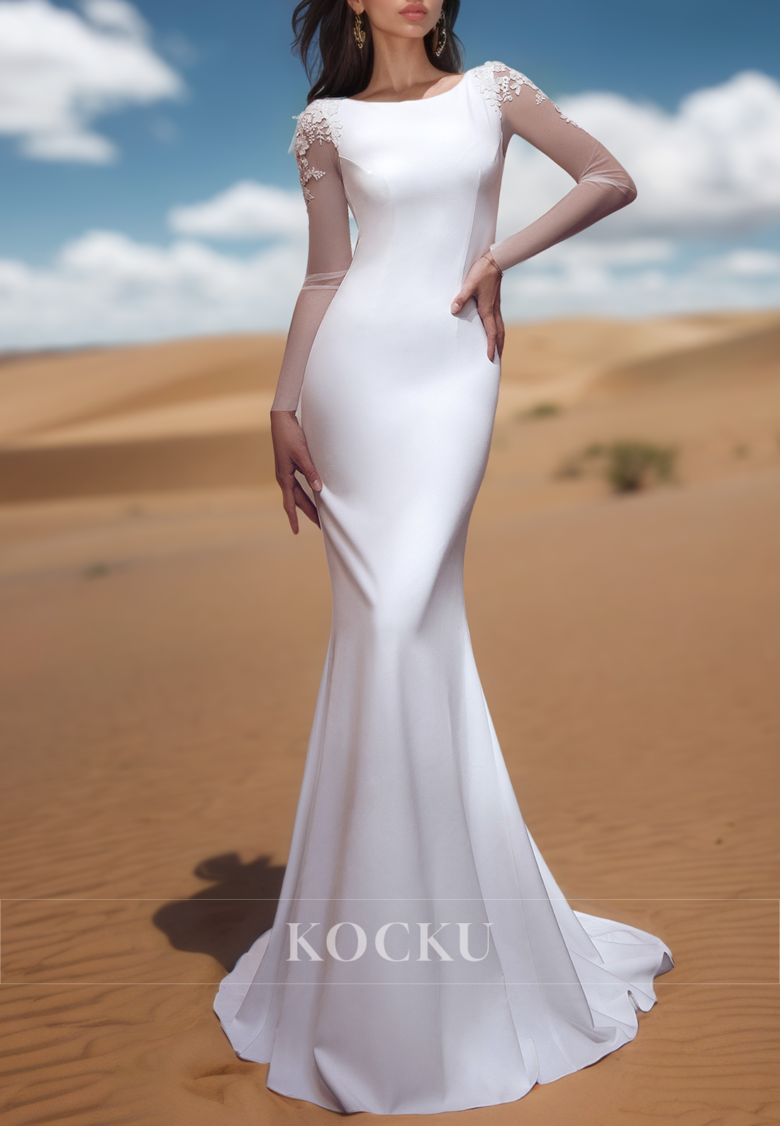Elegant Scoop Neck Long Sleeves Mermaid Satin Bridal Gown with Appliques Wedding Dress