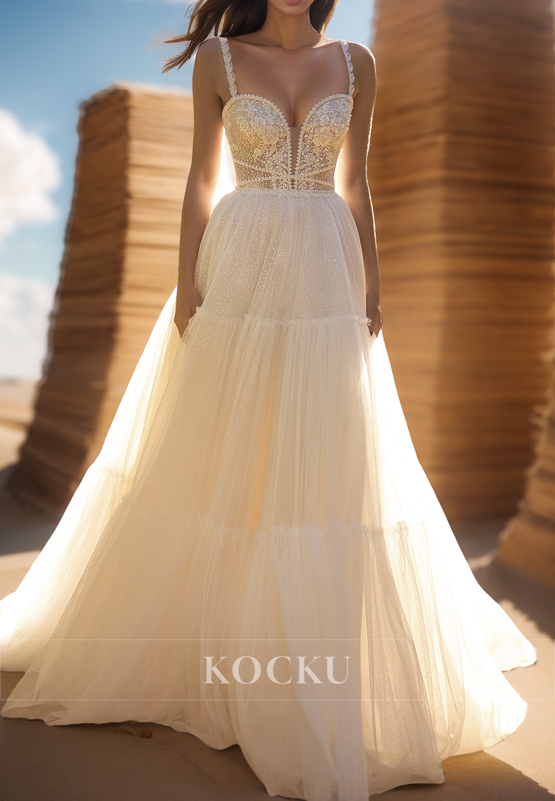 Luxurious Sweetheart Straps A-Line Pleats Lace Wedding Dress Boho Gown with Appliques