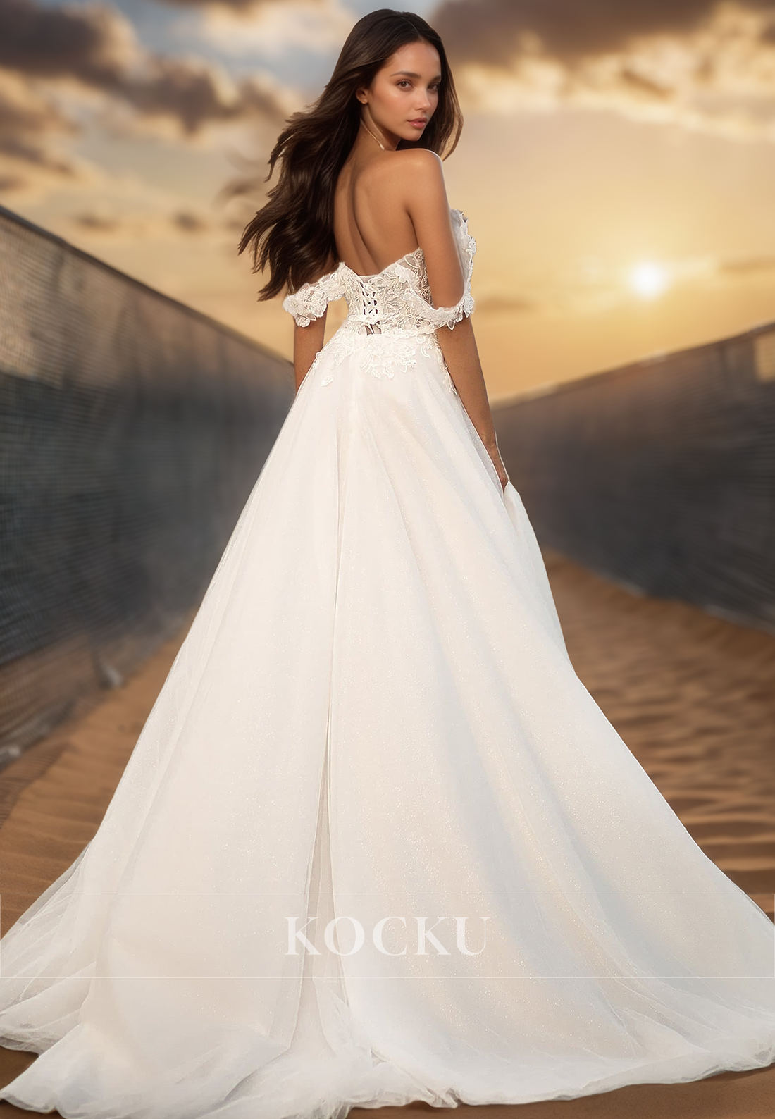 Elegant Off-Shoulder Sweetheart A-Line High Slit Lace Boho Gowns with Appliques Wedding Gowns