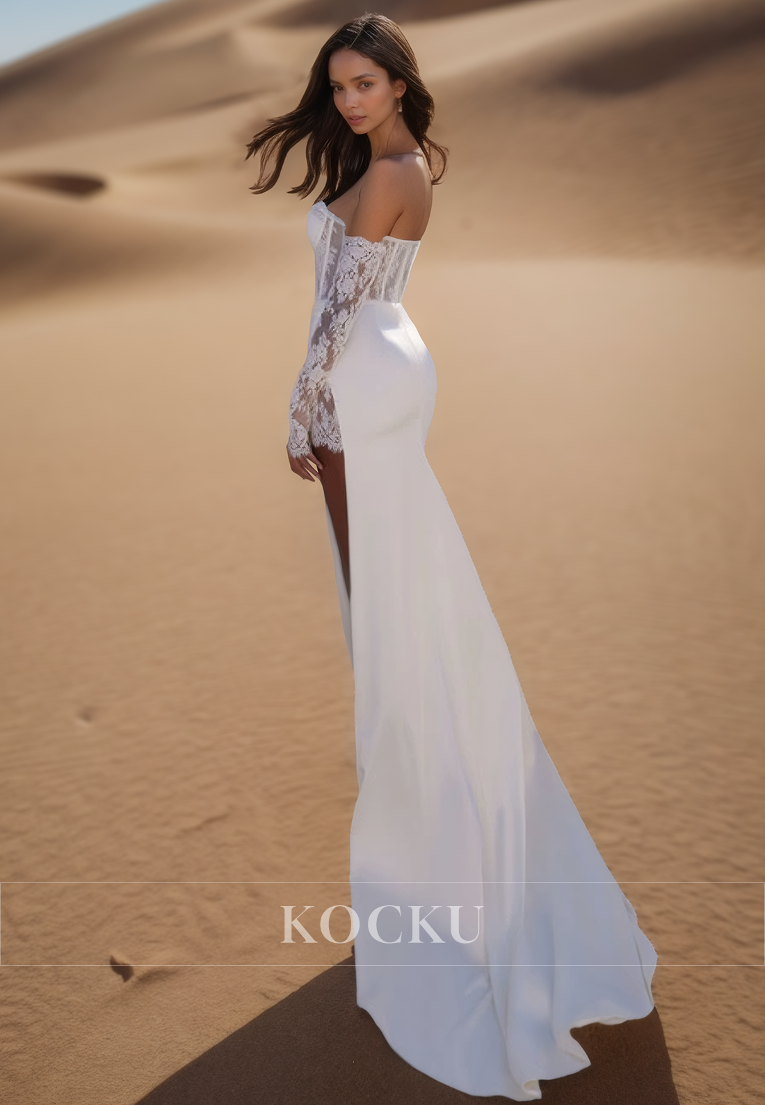 Chic Long Sleeves Sweetheart Appliques Satin Wedding Dress Boho Gowns with Slit