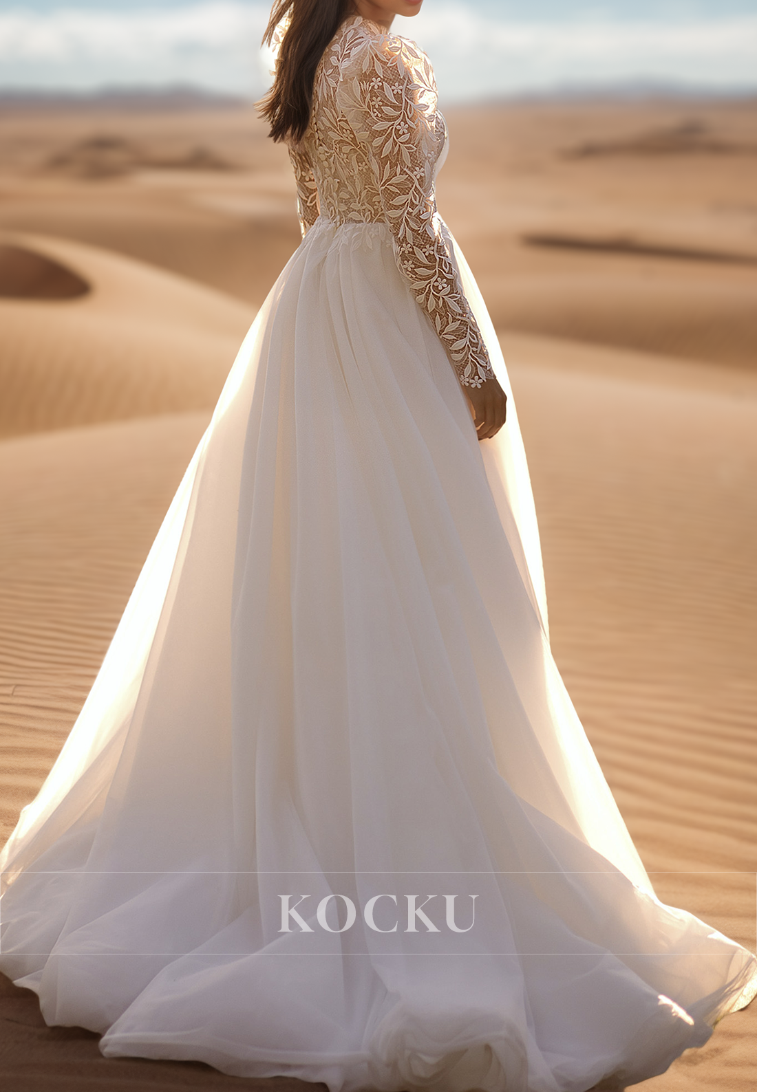 Graceful High Neck Long Sleeves A-Line Appliques Lace Wedding Dress Bridal Gown