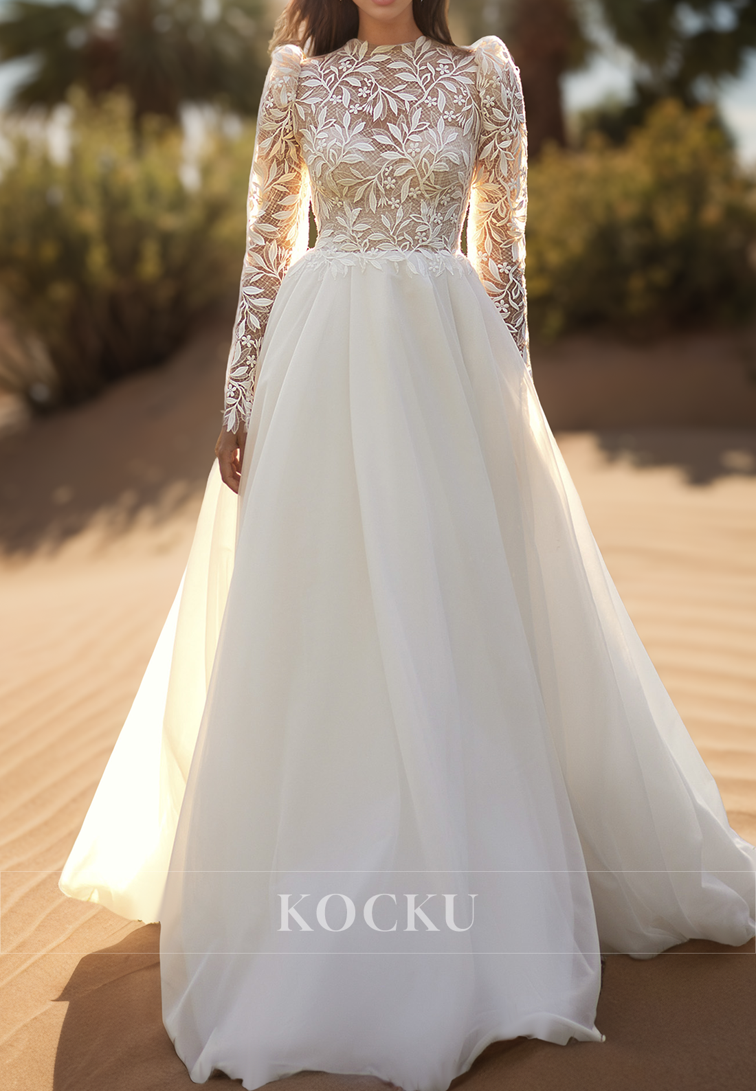 Graceful High Neck Long Sleeves A-Line Appliques Lace Wedding Dress Bridal Gown