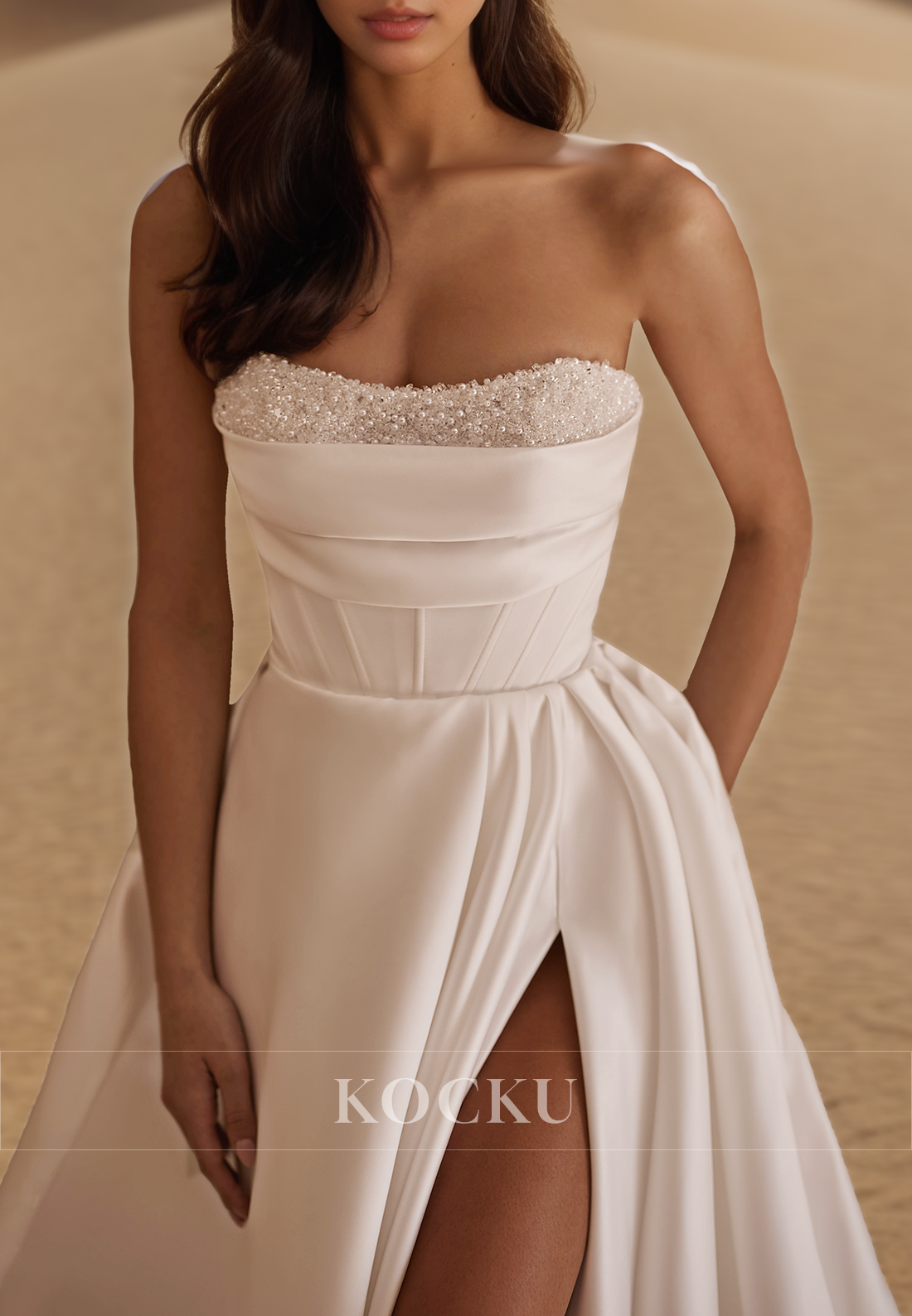 Romantic A-Line Tube Top Long Sleeves Pleats Satin Bridal Wedding Dress with Beaded