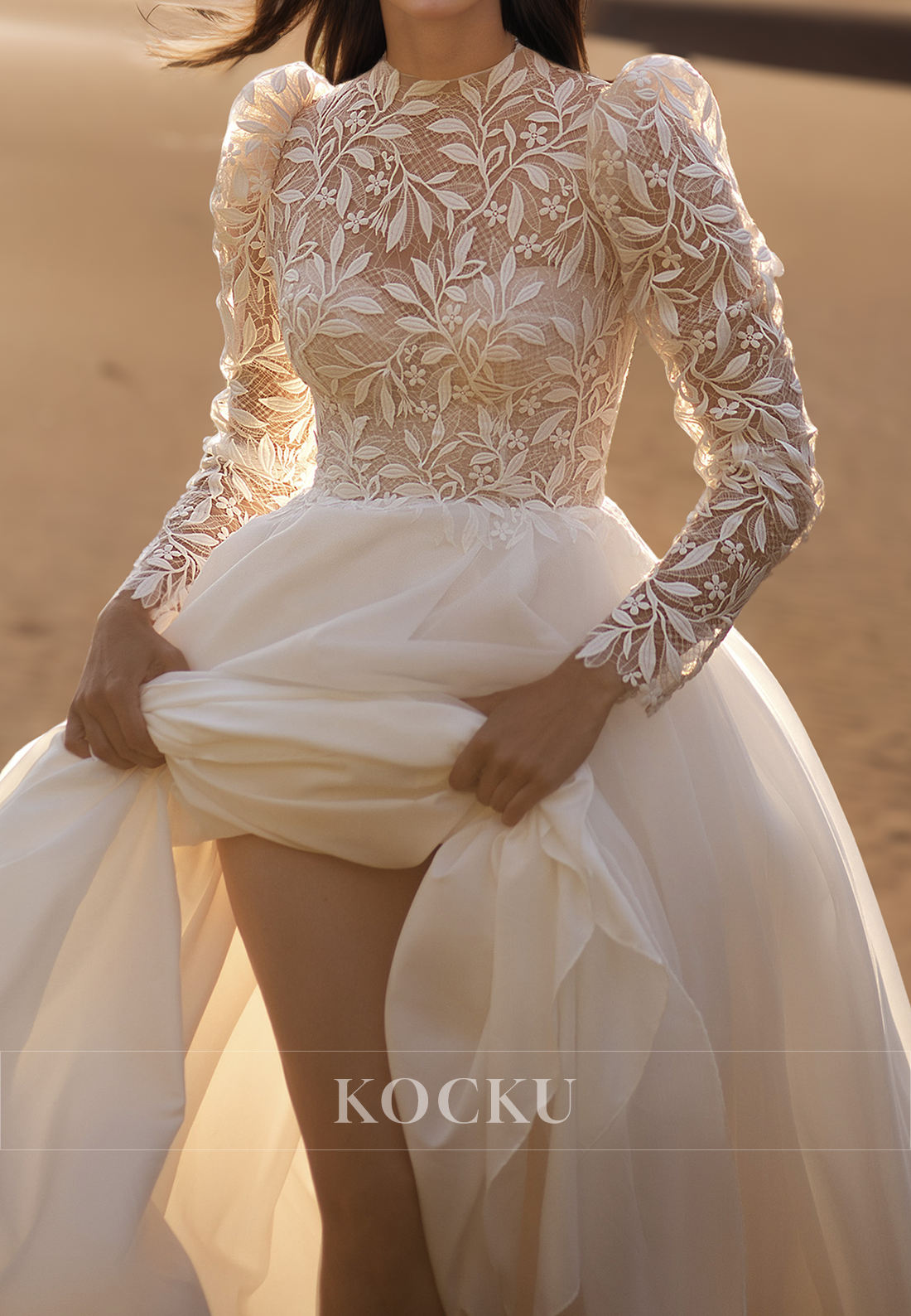 Graceful High Neck Long Sleeves A-Line Appliques Lace Wedding Dress Bridal Gown