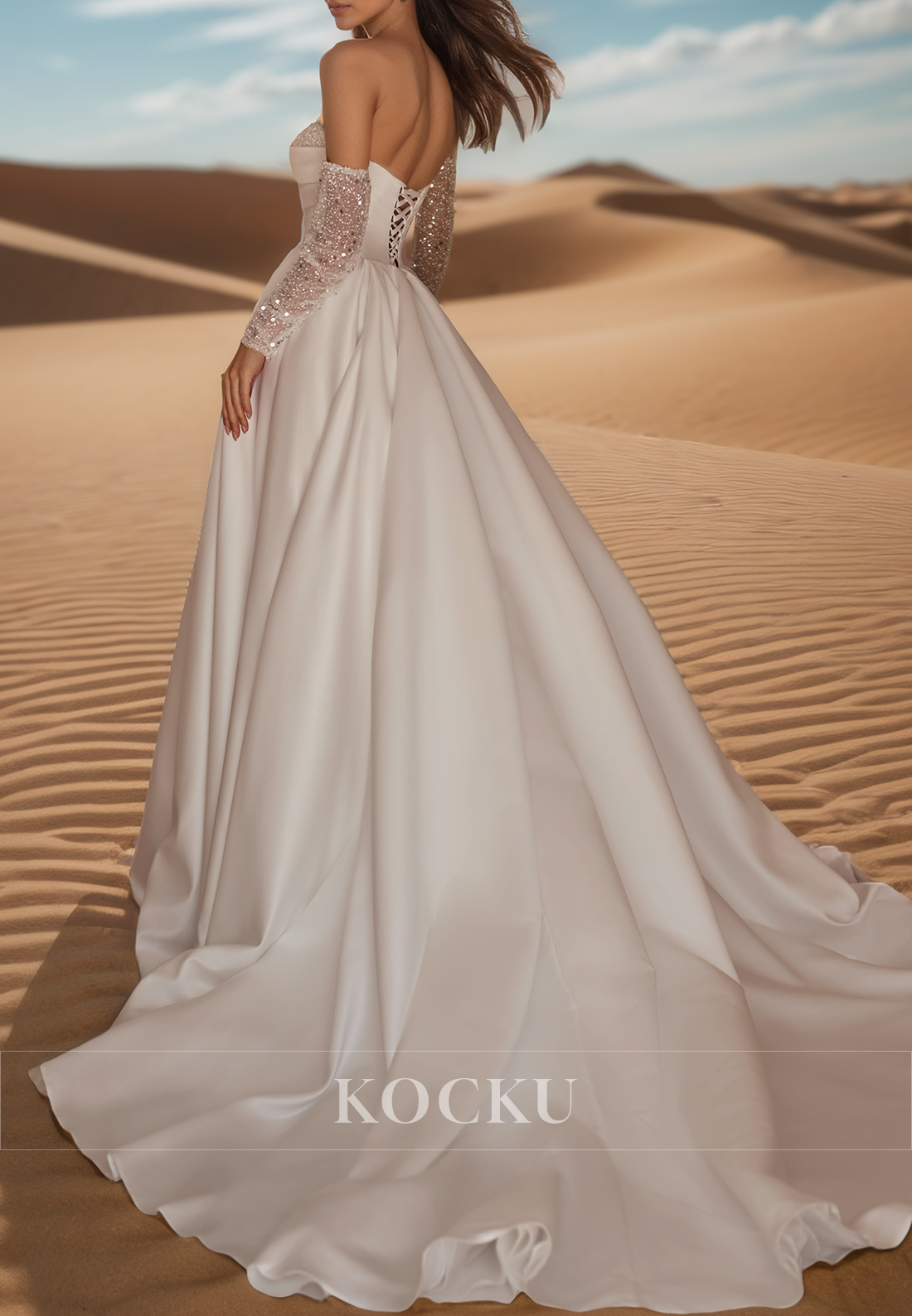 Romantic A-Line Tube Top Long Sleeves Pleats Satin Bridal Wedding Dress with Beaded