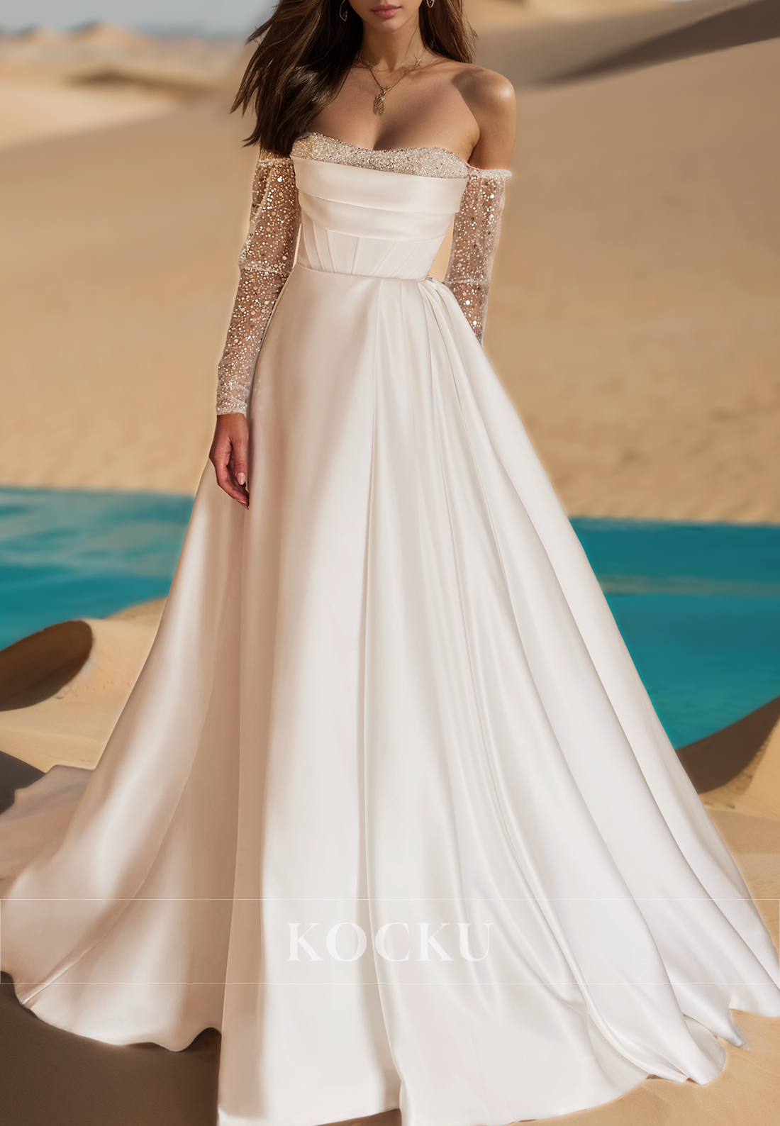 Romantic A-Line Tube Top Long Sleeves Pleats Satin Bridal Wedding Dress with Beaded