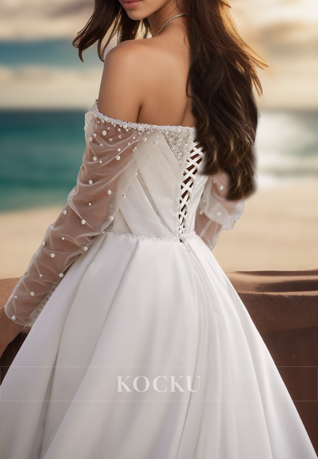 Distinctive Long Sleeves Sweetheart A-Line Beaded Satin Beach Wedding Gowns with Slit