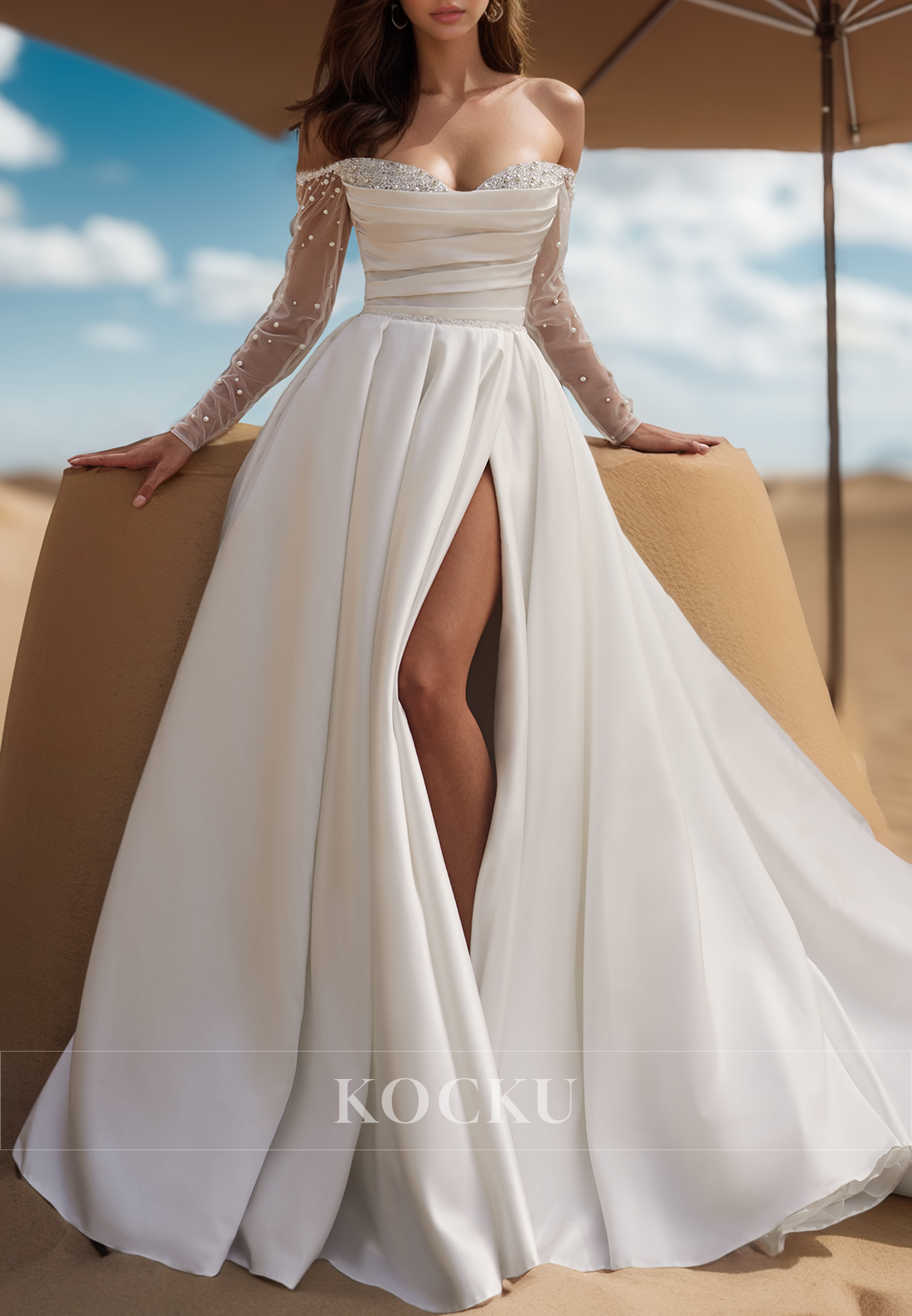 Distinctive Long Sleeves Sweetheart A-Line Beaded Satin Beach Wedding Gowns with Slit