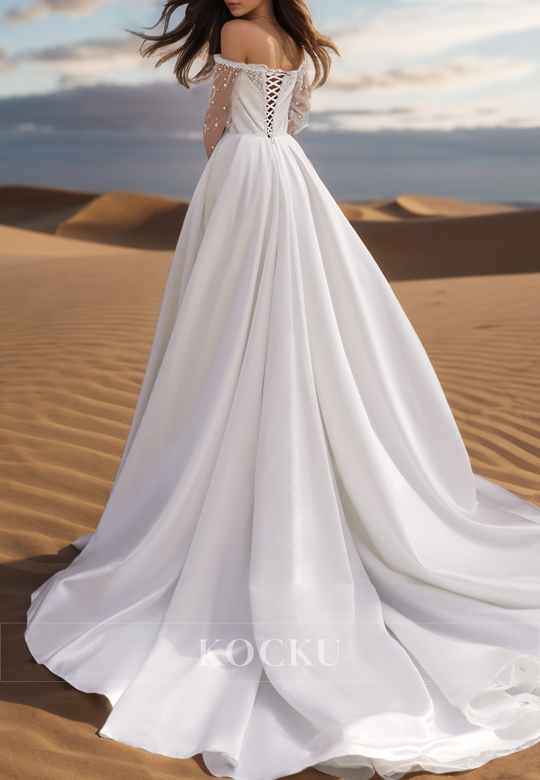 Distinctive Long Sleeves Sweetheart A-Line Beaded Satin Beach Wedding Gowns with Slit
