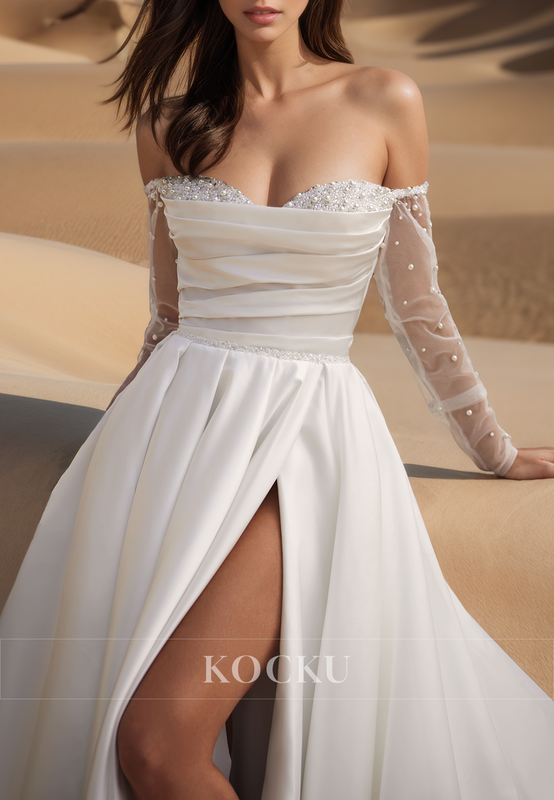 Distinctive Long Sleeves Sweetheart A-Line Beaded Satin Beach Wedding Gowns with Slit