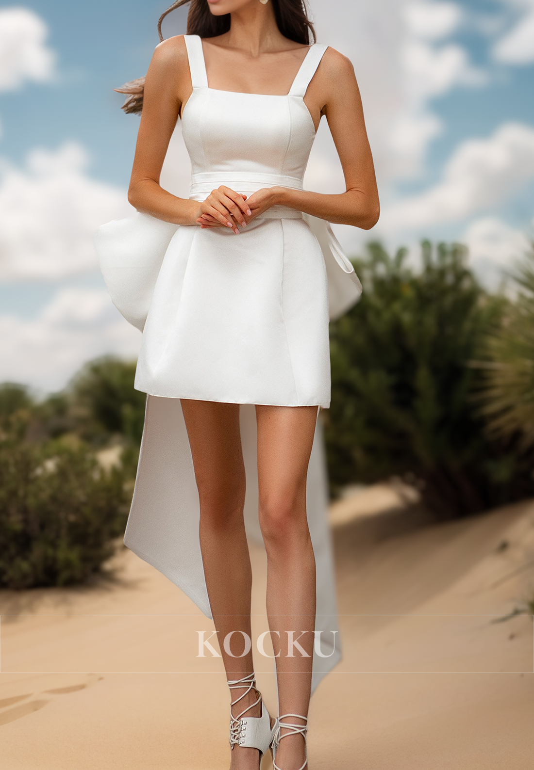 Bohemian Sqaure Neck Straps A-Line Short Satin Beach Wedding Dress with Bows