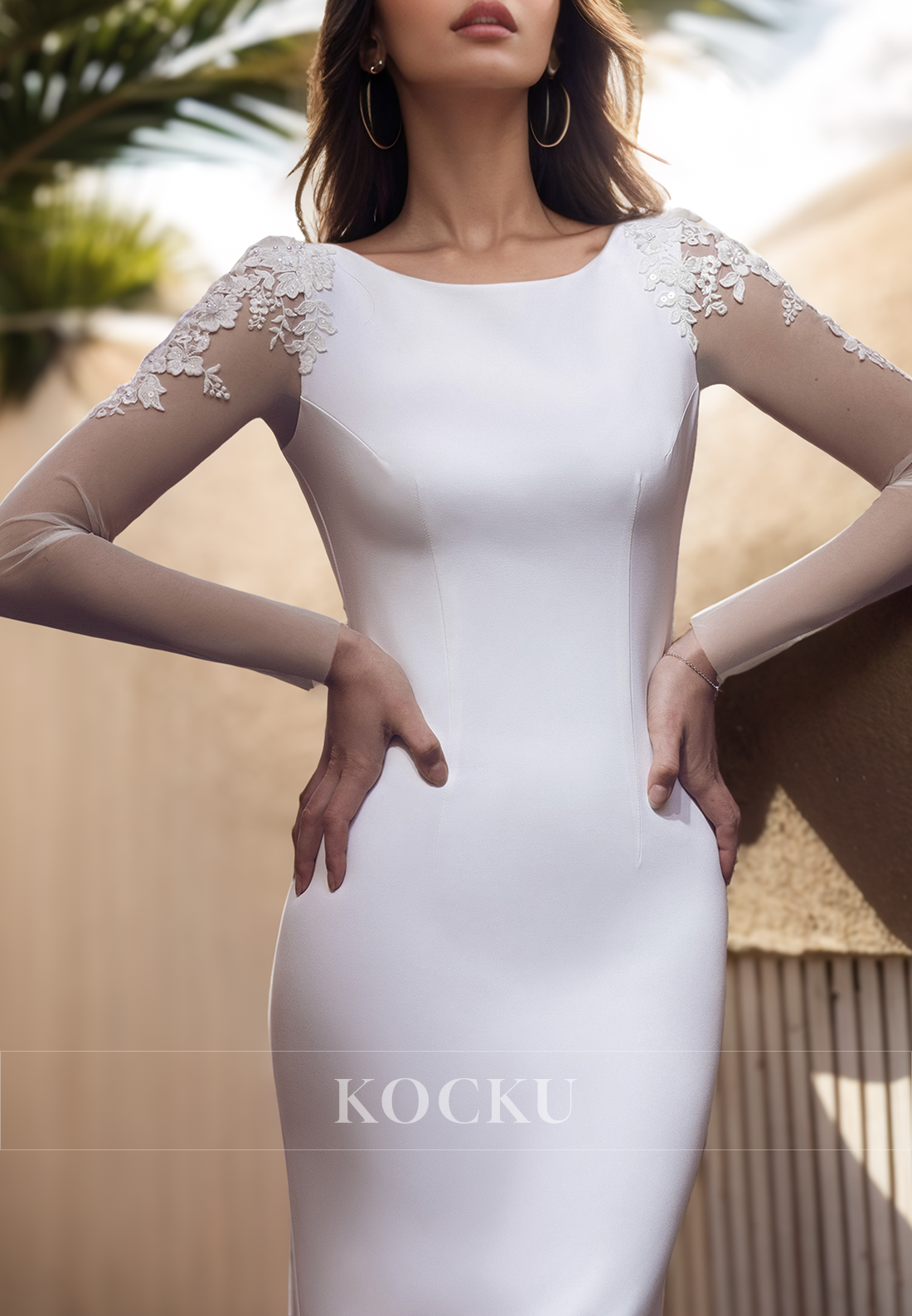 Elegant Scoop Neck Long Sleeves Mermaid Satin Bridal Gown with Appliques Wedding Dress