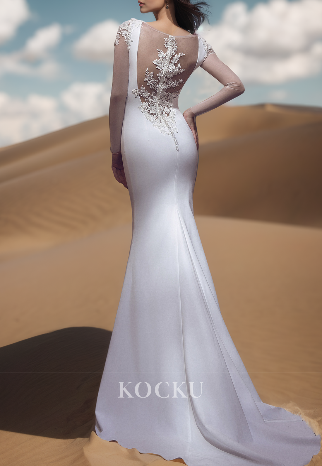 Elegant Scoop Neck Long Sleeves Mermaid Satin Bridal Gown with Appliques Wedding Dress