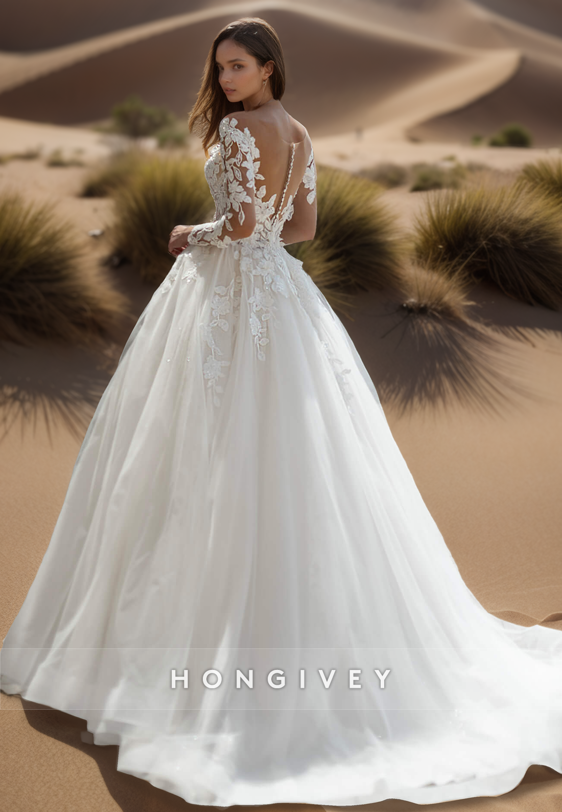 A-Line V-Neck  Long Sleeves Open Back Wedding Dresse with Court Train