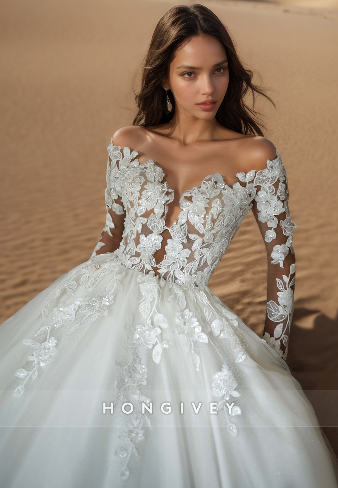 A-Line V-Neck  Long Sleeves Open Back Wedding Dresse with Court Train