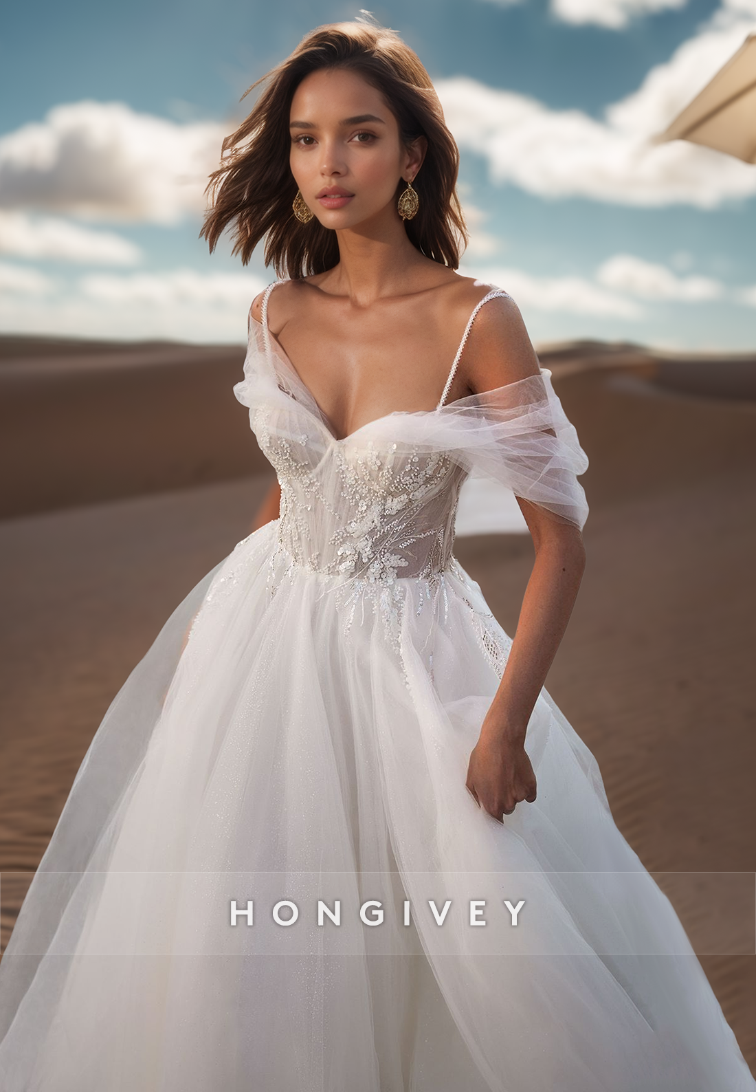 A-Line Plunging Illusion Strap Lace Appliques Ornate  Wedding Dresses with Train