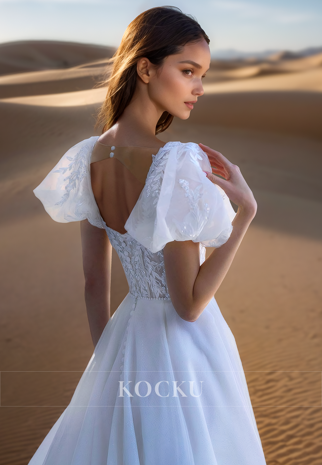 A Line Square Neckline Short Sleeves Lace Appliques Vintage Wedding Dress