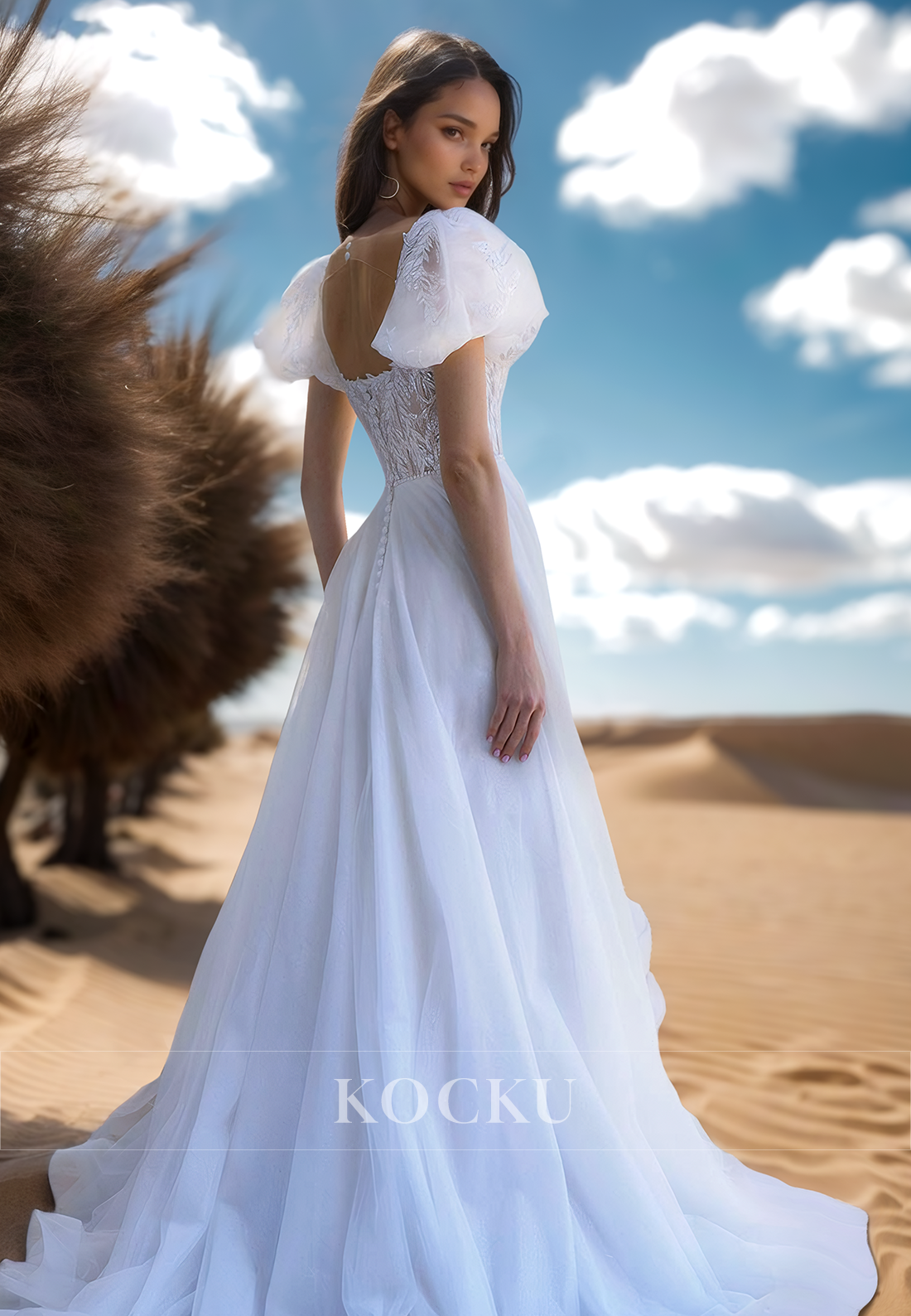A Line Square Neckline Short Sleeves Lace Appliques Vintage Wedding Dress