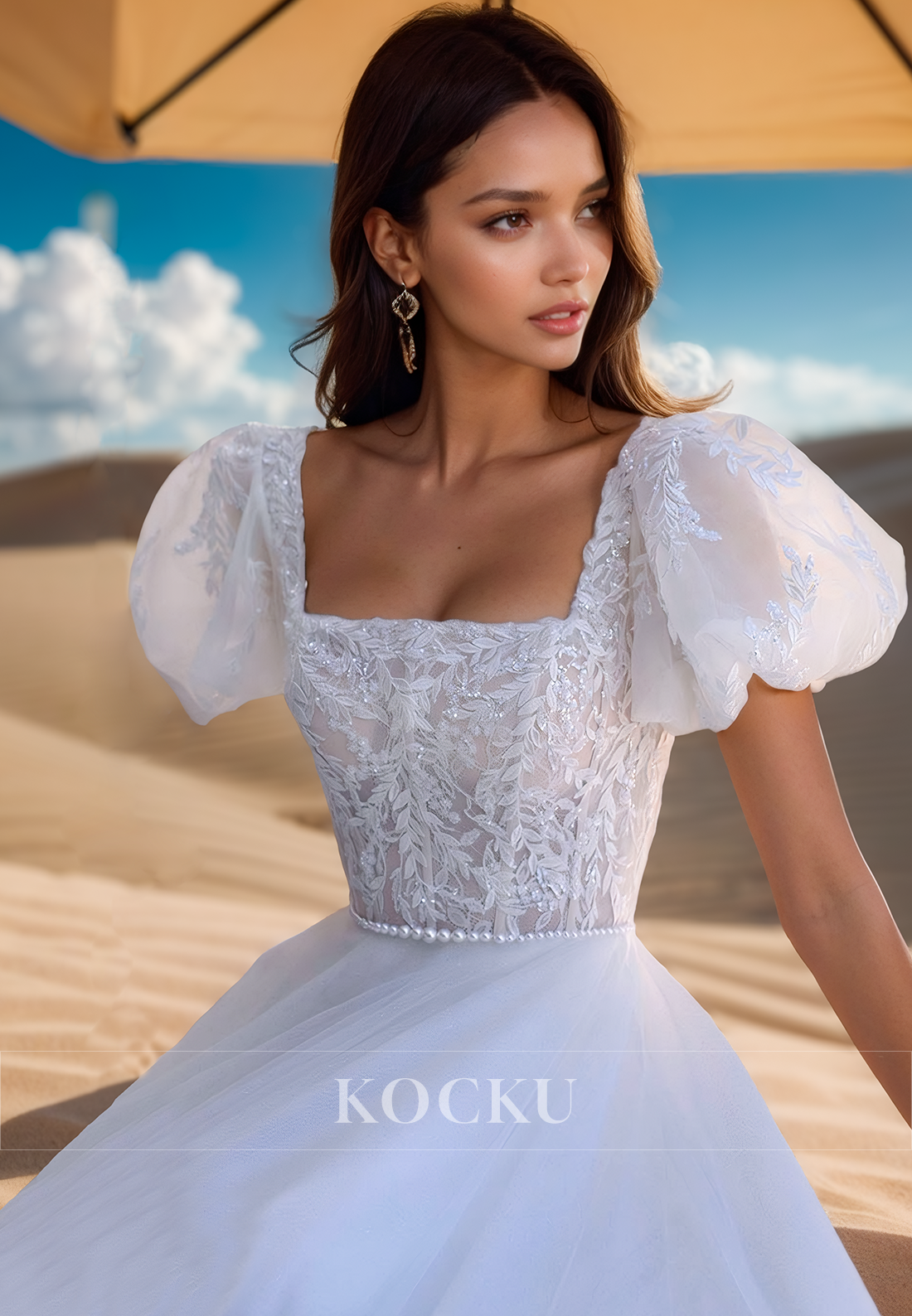 A Line Square Neckline Short Sleeves Lace Appliques Vintage Wedding Dress