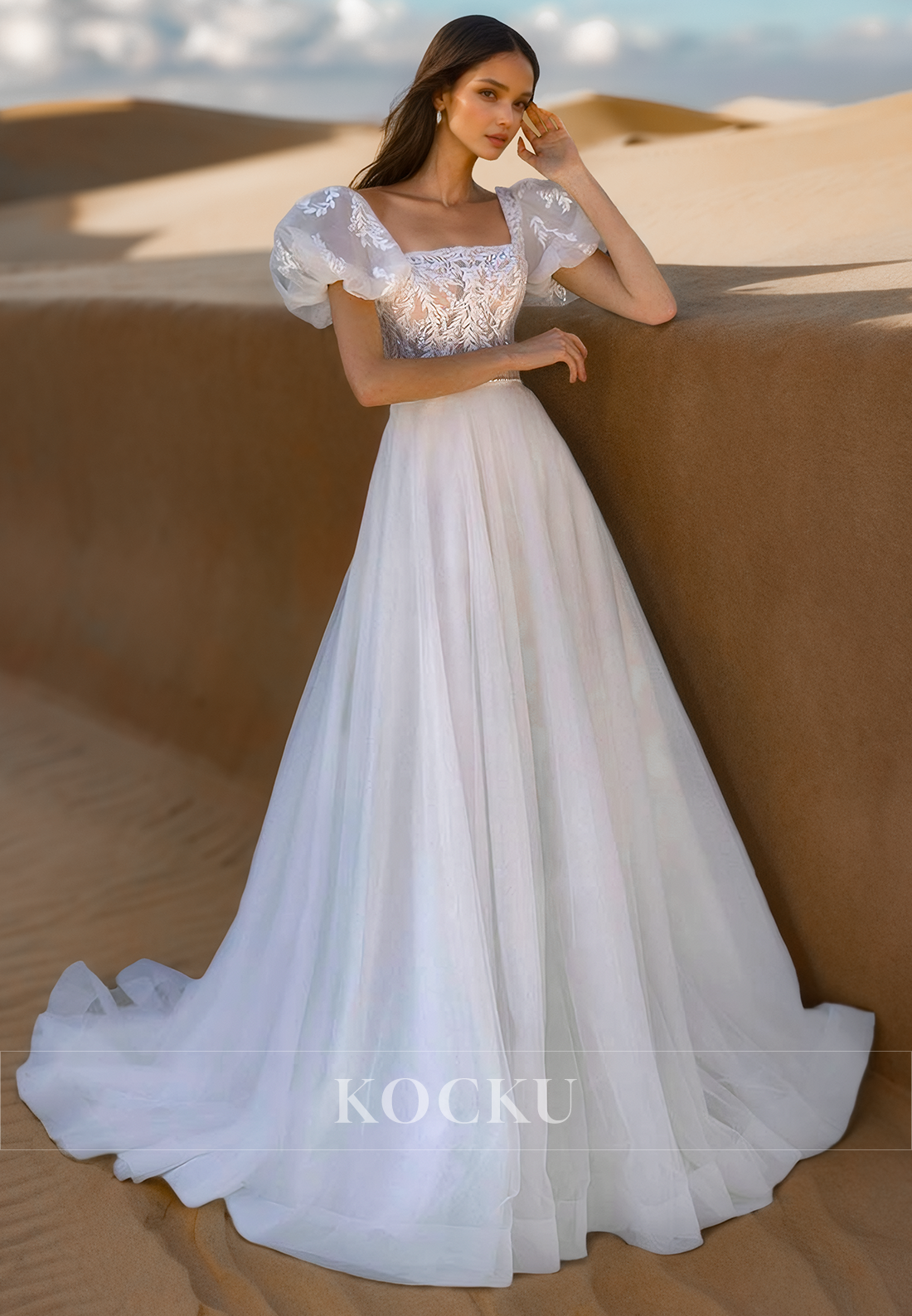 A Line Square Neckline Short Sleeves Lace Appliques Vintage Wedding Dress