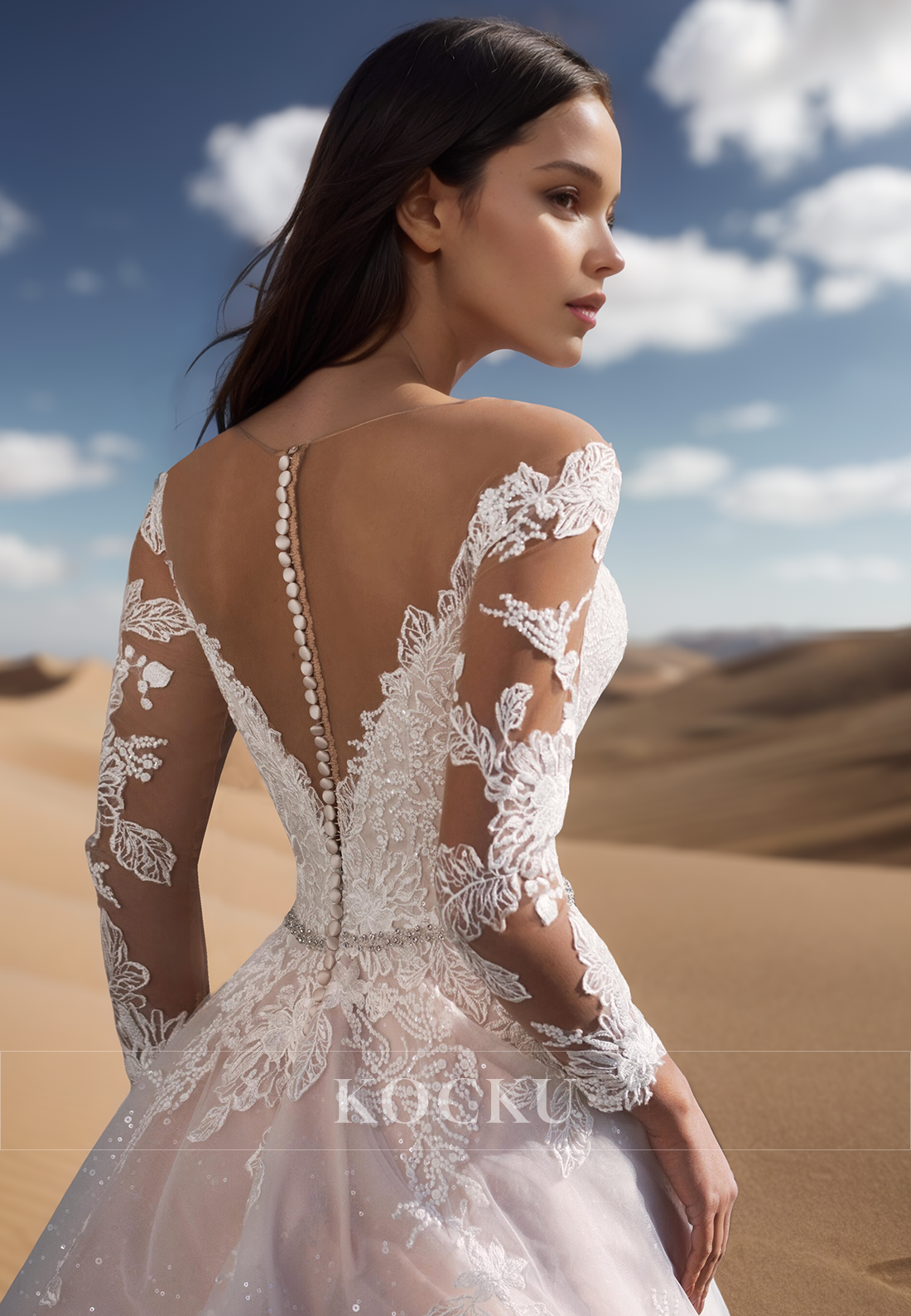 A Line Illusion V neck Lace Appliques Long Sleeves Wedding Dress with Beading Belt