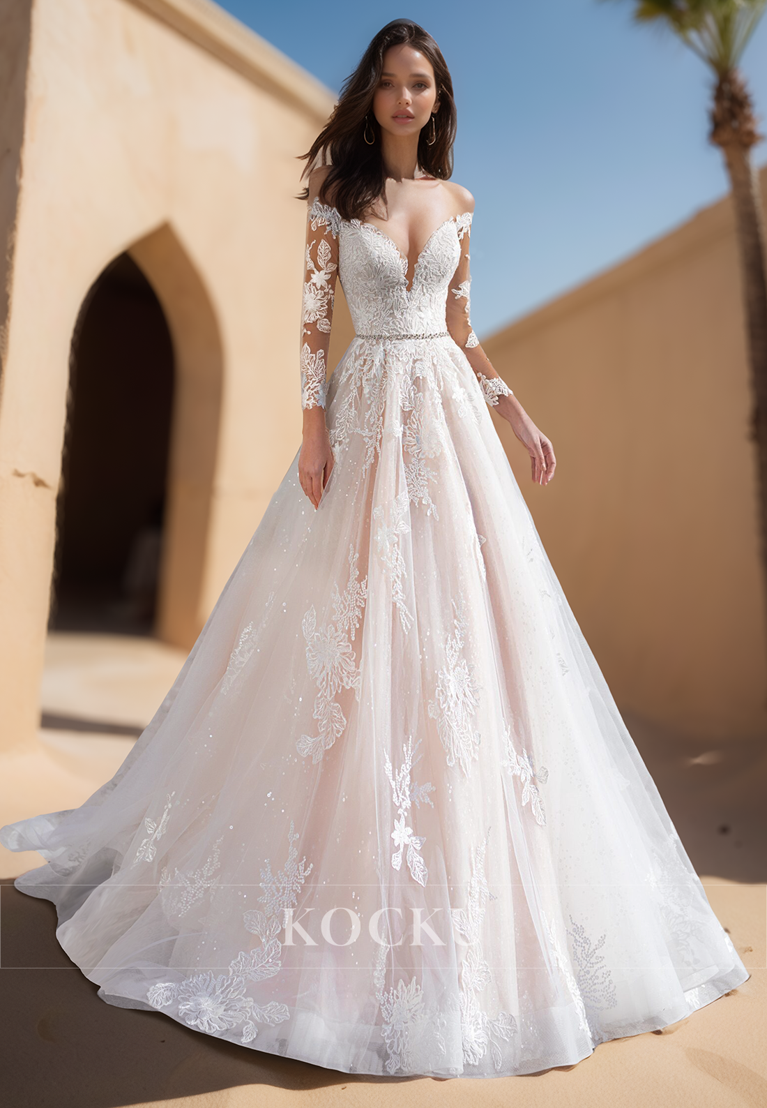 A Line Illusion V neck Lace Appliques Long Sleeves Wedding Dress with Beading Belt