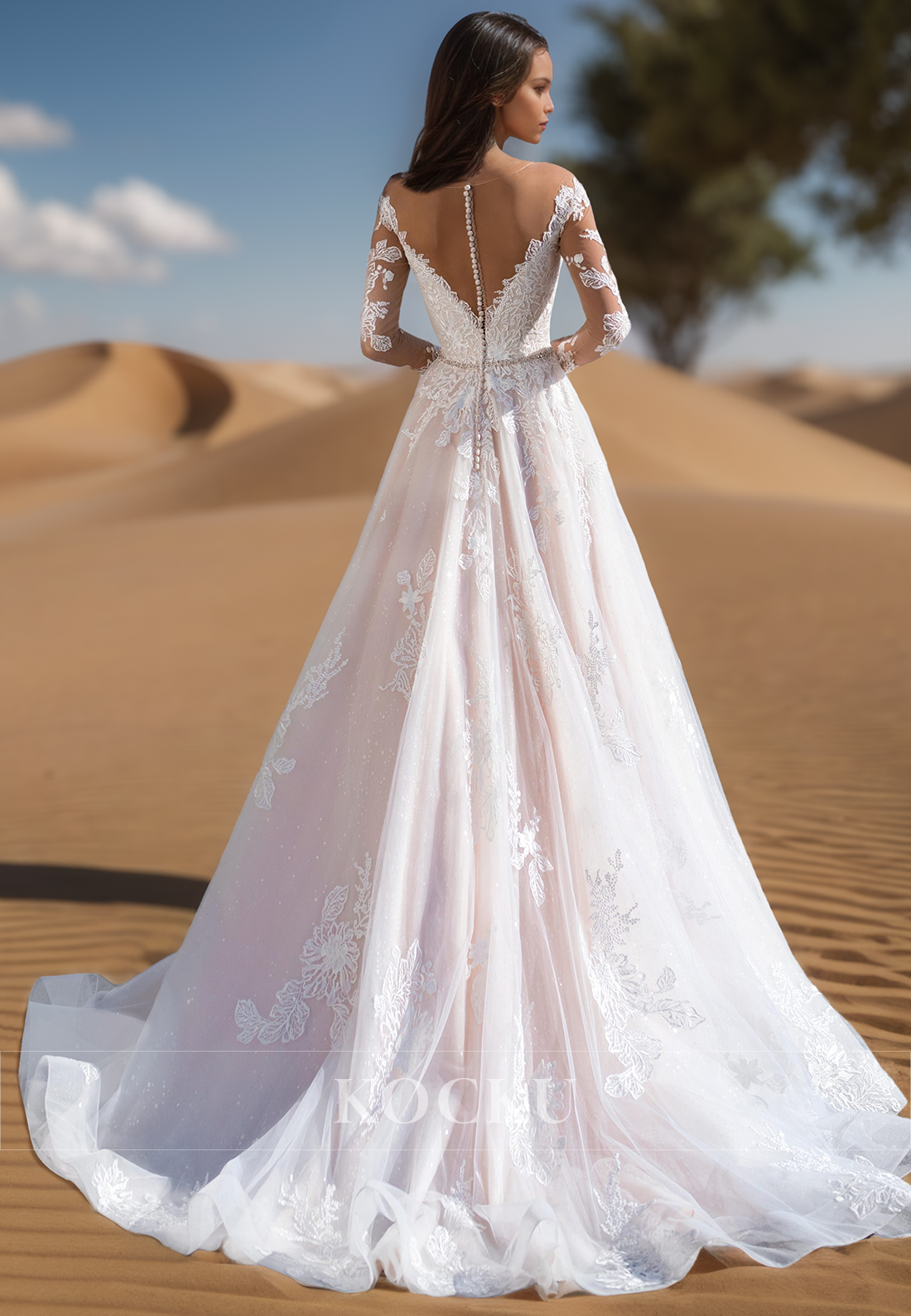 A Line Illusion V neck Lace Appliques Long Sleeves Wedding Dress with Beading Belt
