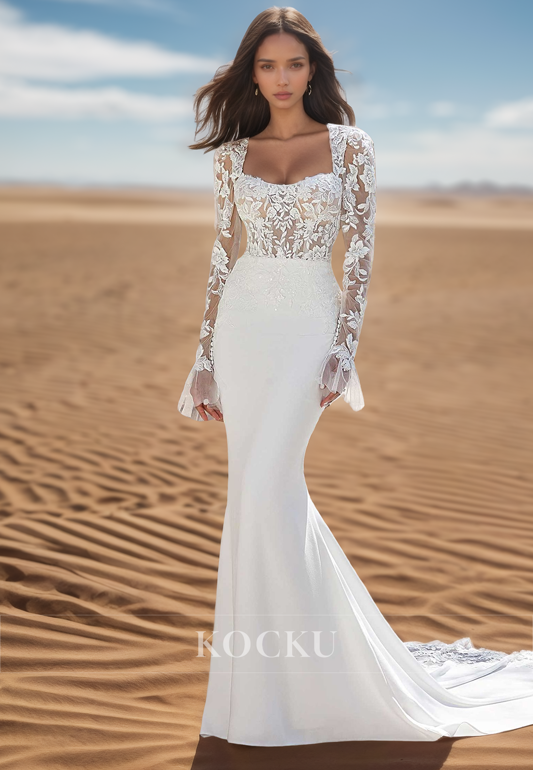 Unique Square Neckline Lace Appliques Long Sleeves Mermaid Wedding Dress
