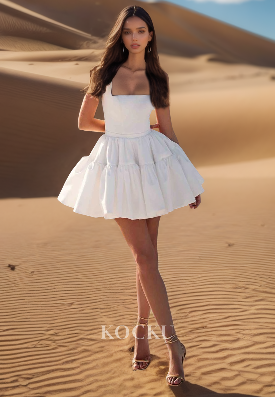A Line Unique Square Short Beach Wedding Dress