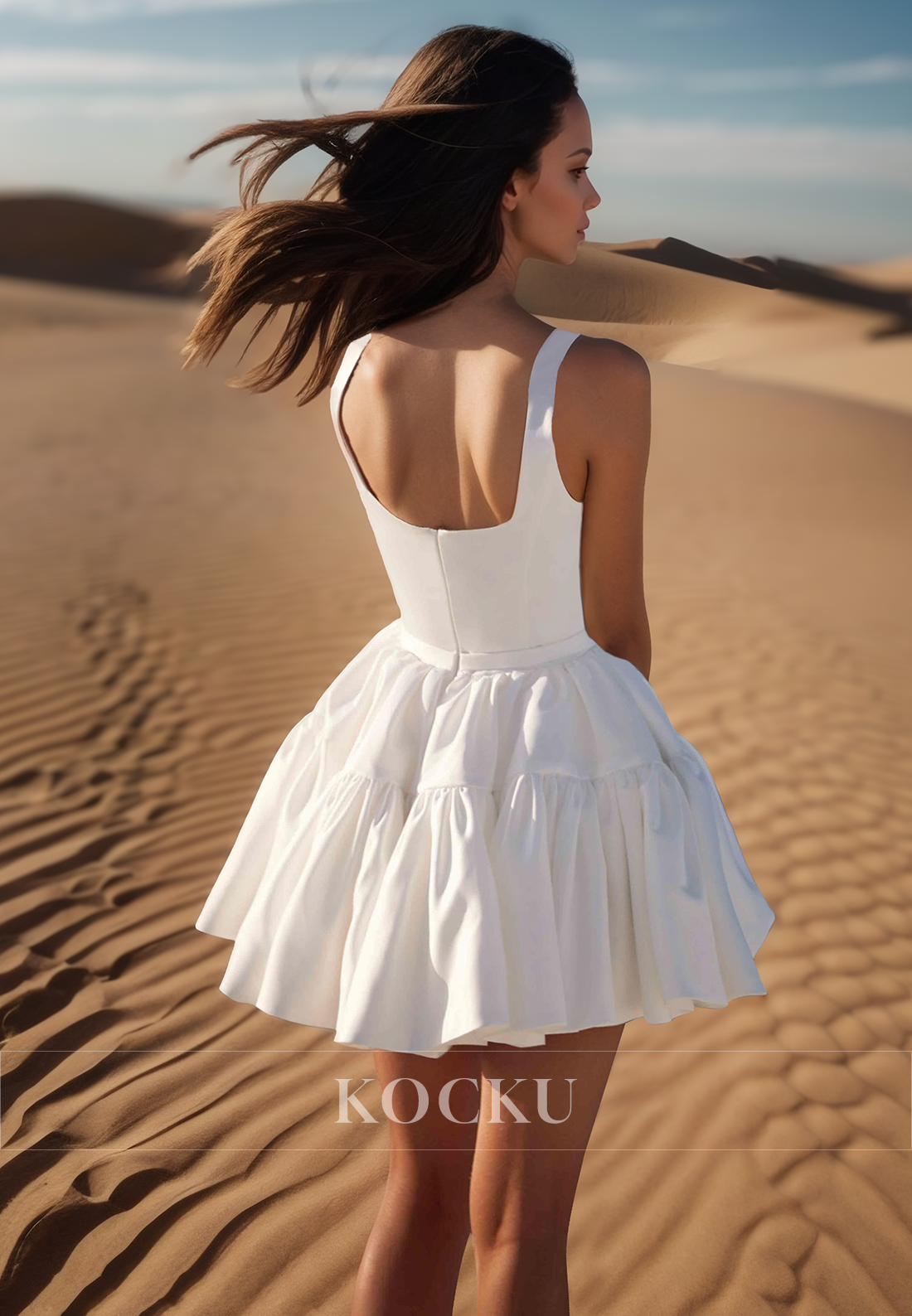 A Line Unique Square Short Beach Wedding Dress