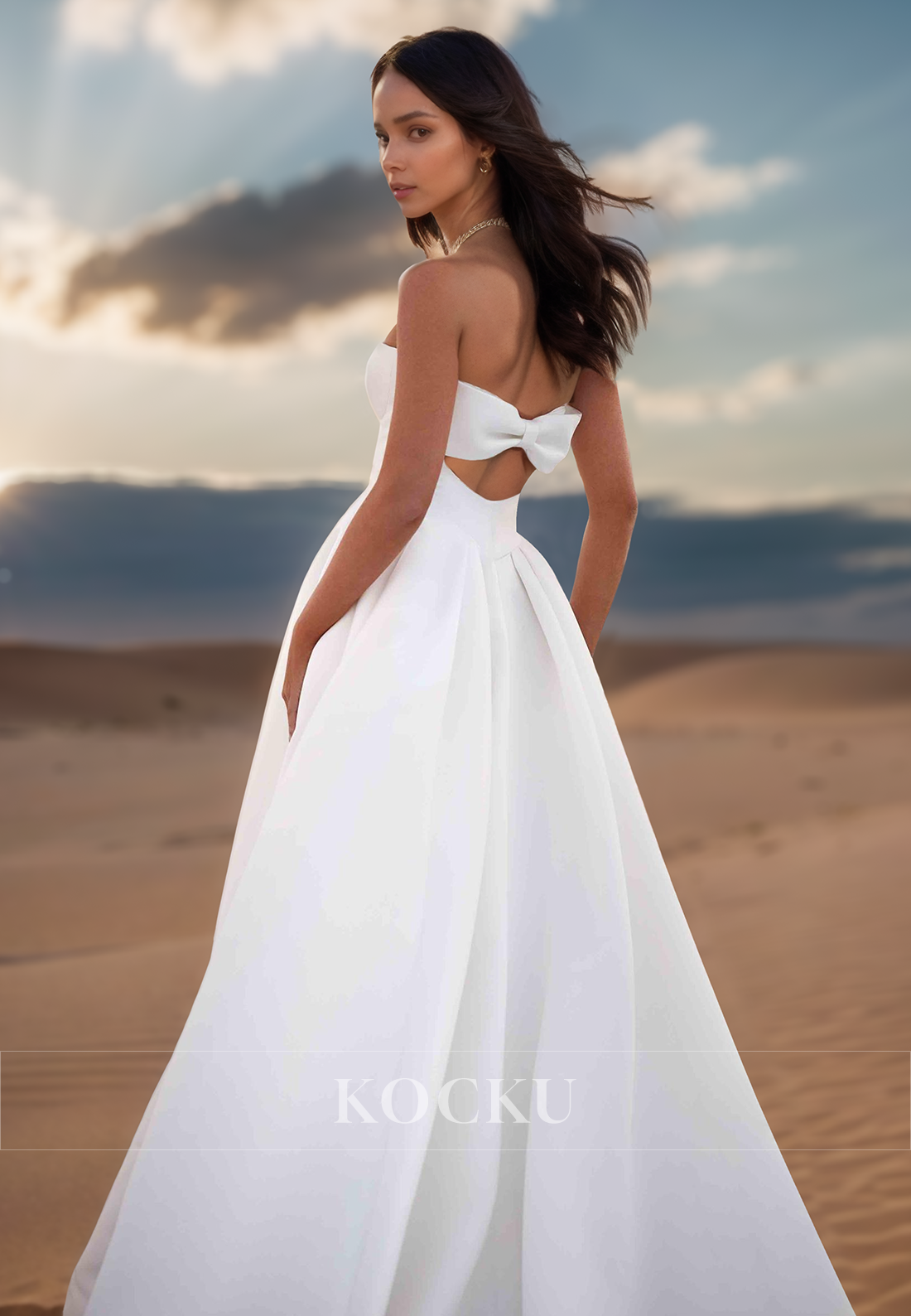 A Line Strapless Satin Simple Wedding Dress with Pockets