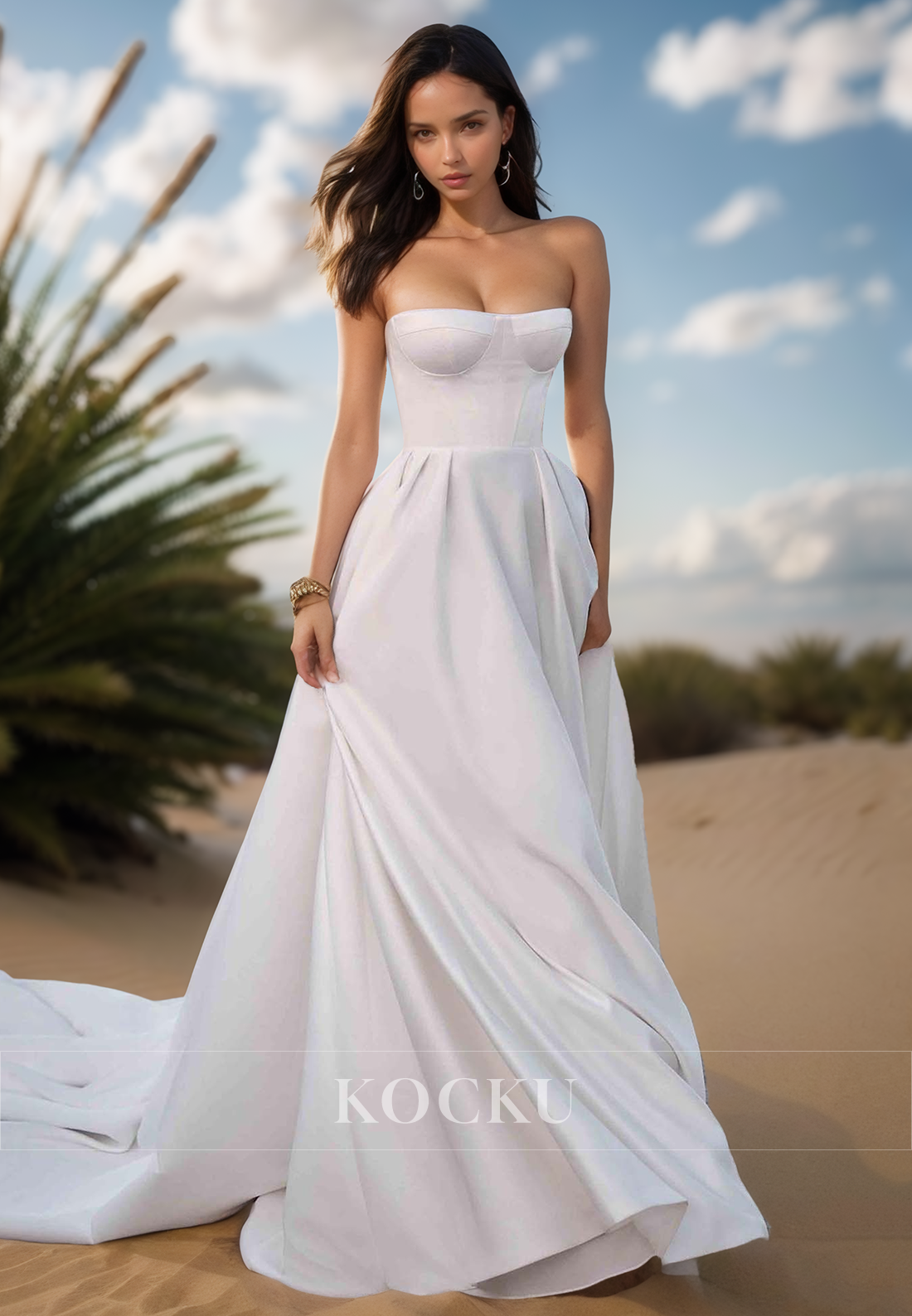 A Line Strapless Satin Cheap Wedding Dress with Pockets
