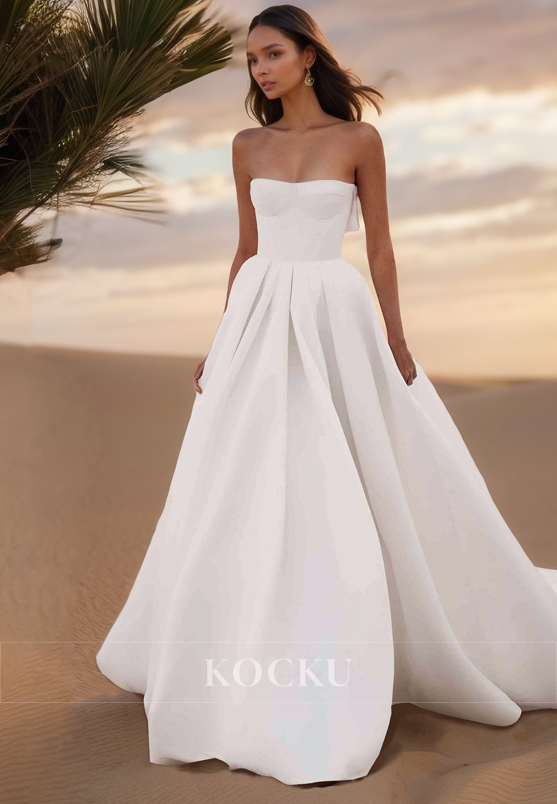 A Line Strapless Satin Simple Wedding Dress with Pockets
