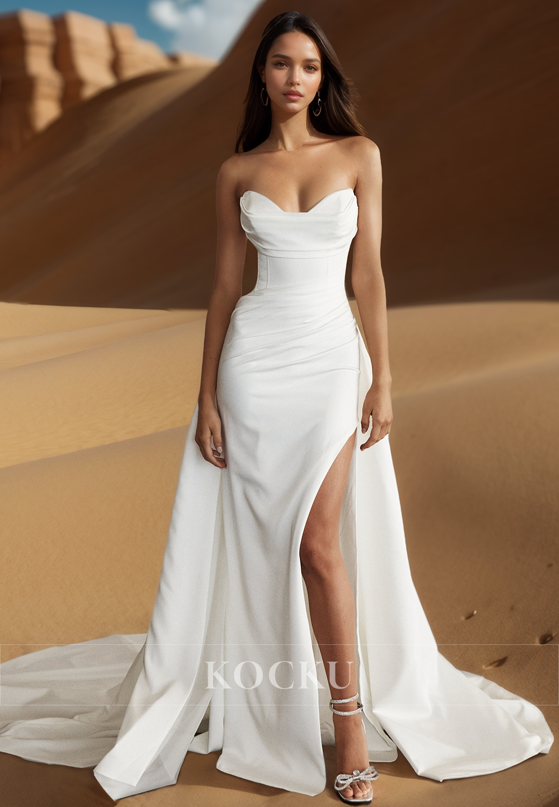 Sweetheart Satin Ruched Side Slit Dream Wedding Dress with Detachable Train