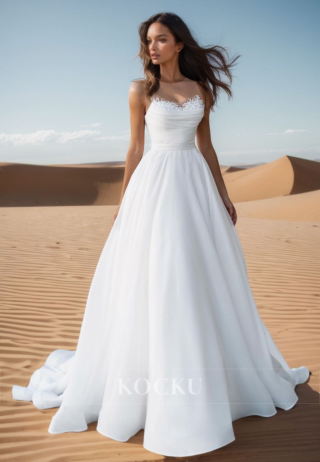 A Line Pearls Orange Simple Wedding Dress with Train