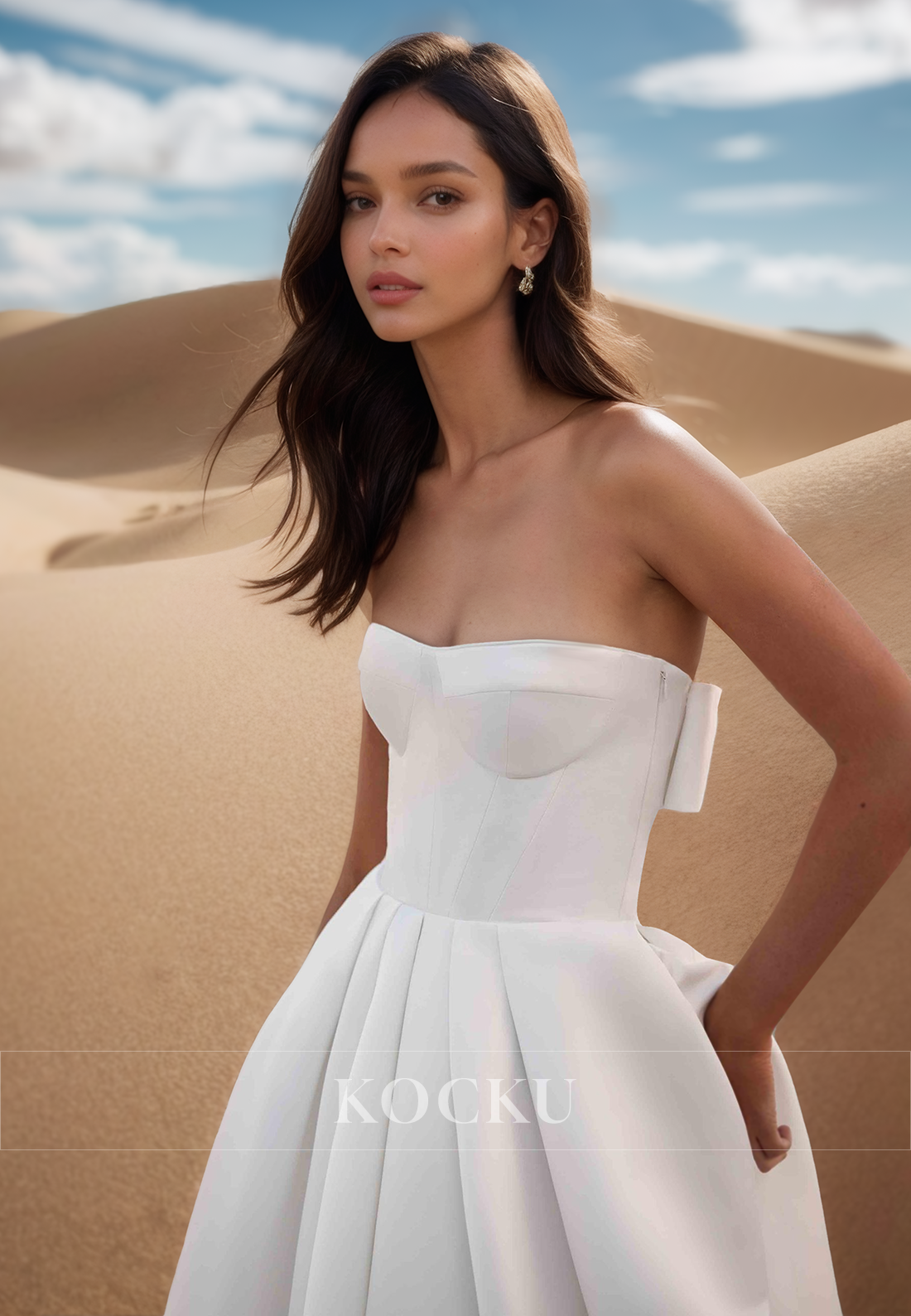 A Line Strapless Satin Simple Wedding Dress with Pockets