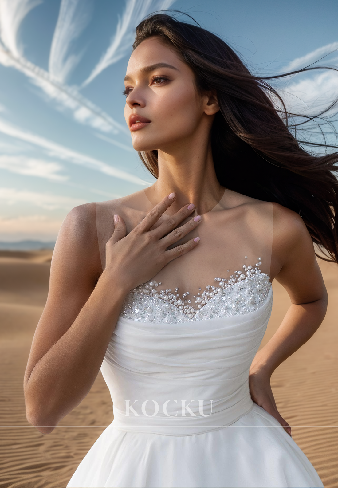 A Line Pearls Orange Simple Wedding Dress with Train