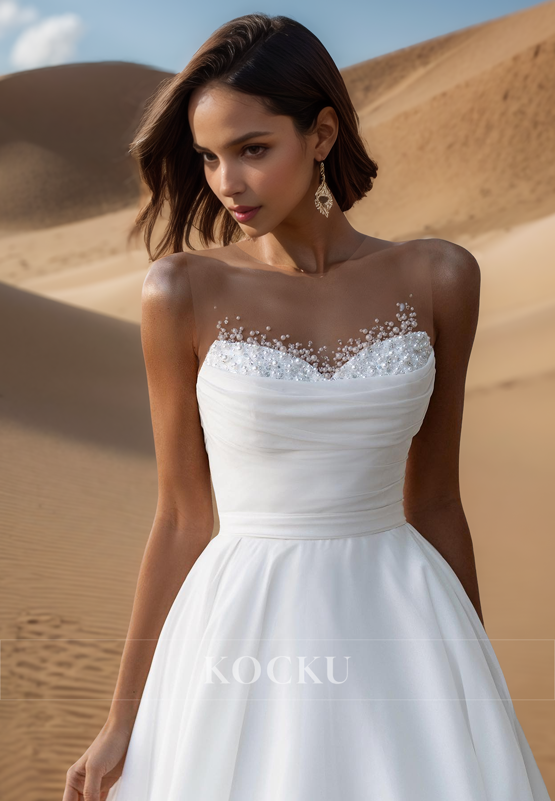 A Line Pearls Orange Simple Wedding Dress with Train
