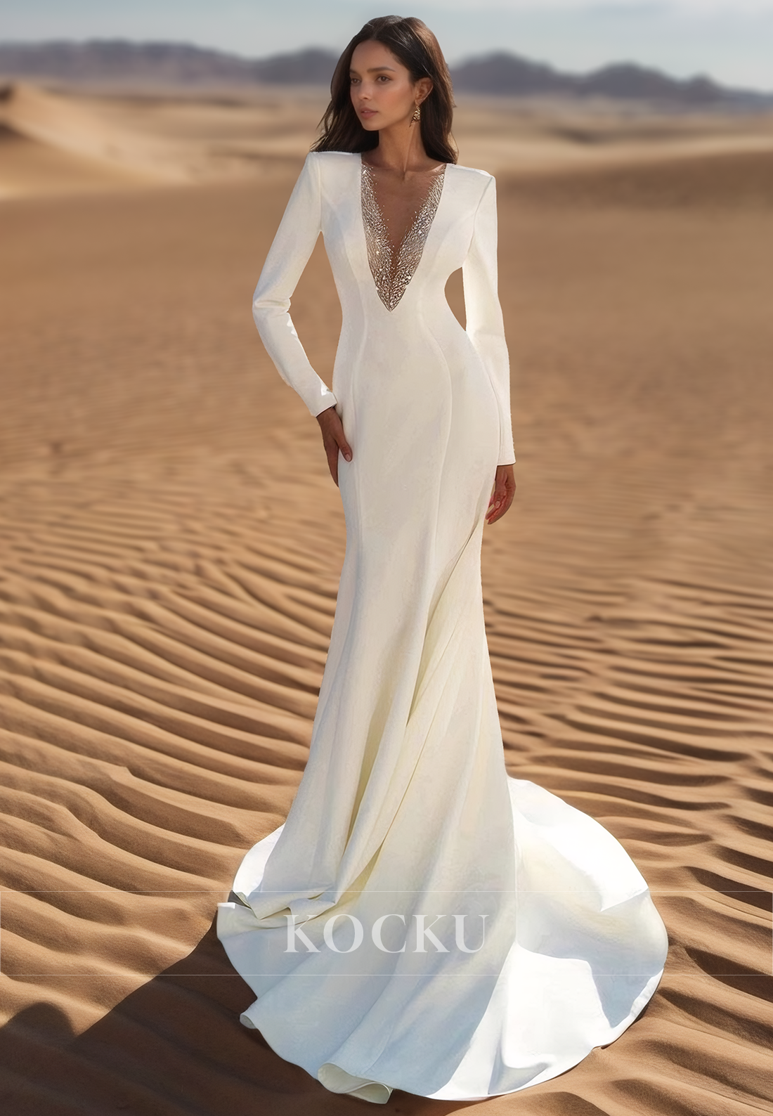 Sexy Deep V Neck Beads Long Sleeves Mermaid Wedding Dress