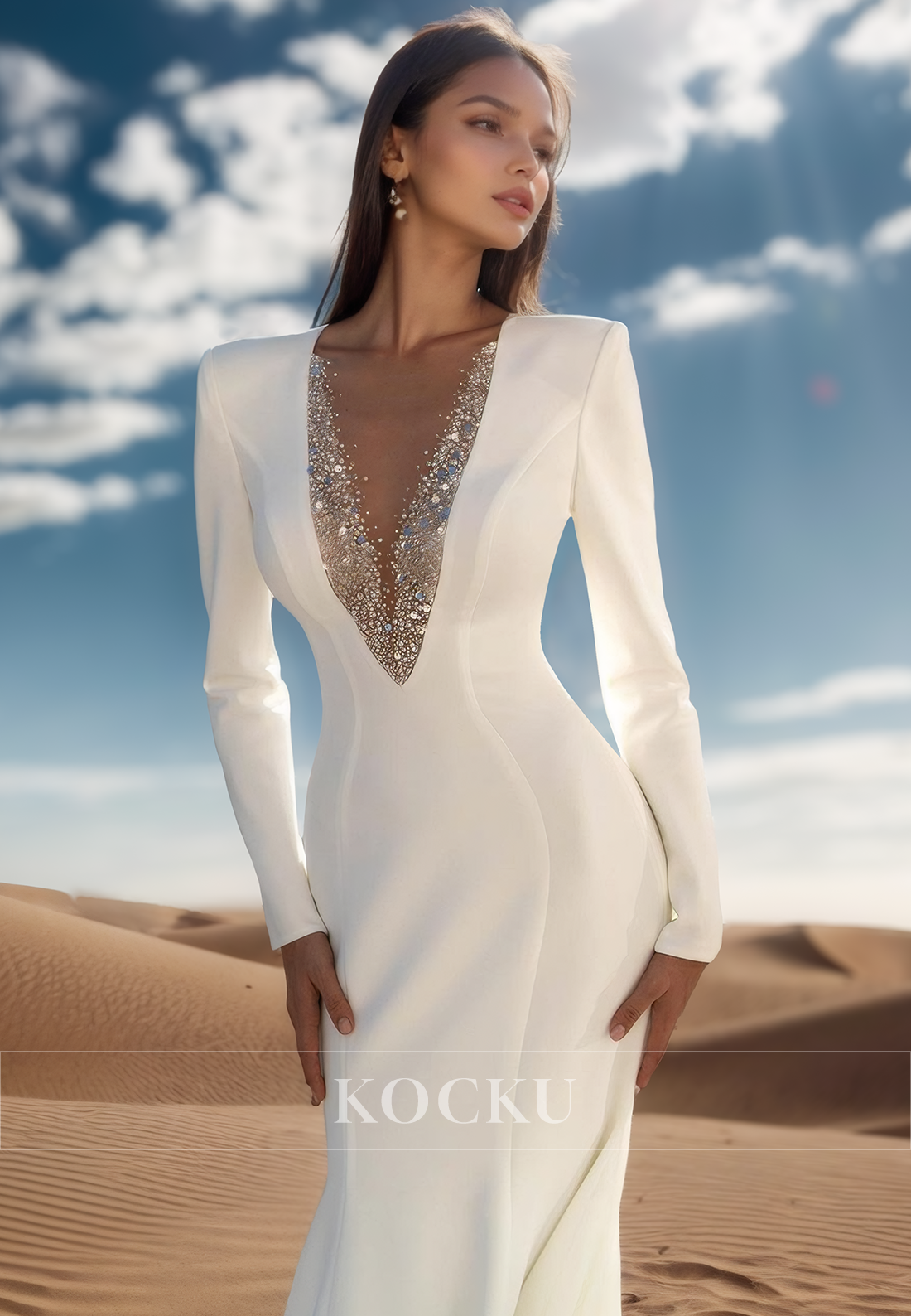 Sexy Deep V Neck Beads Long Sleeves Mermaid Wedding Dress