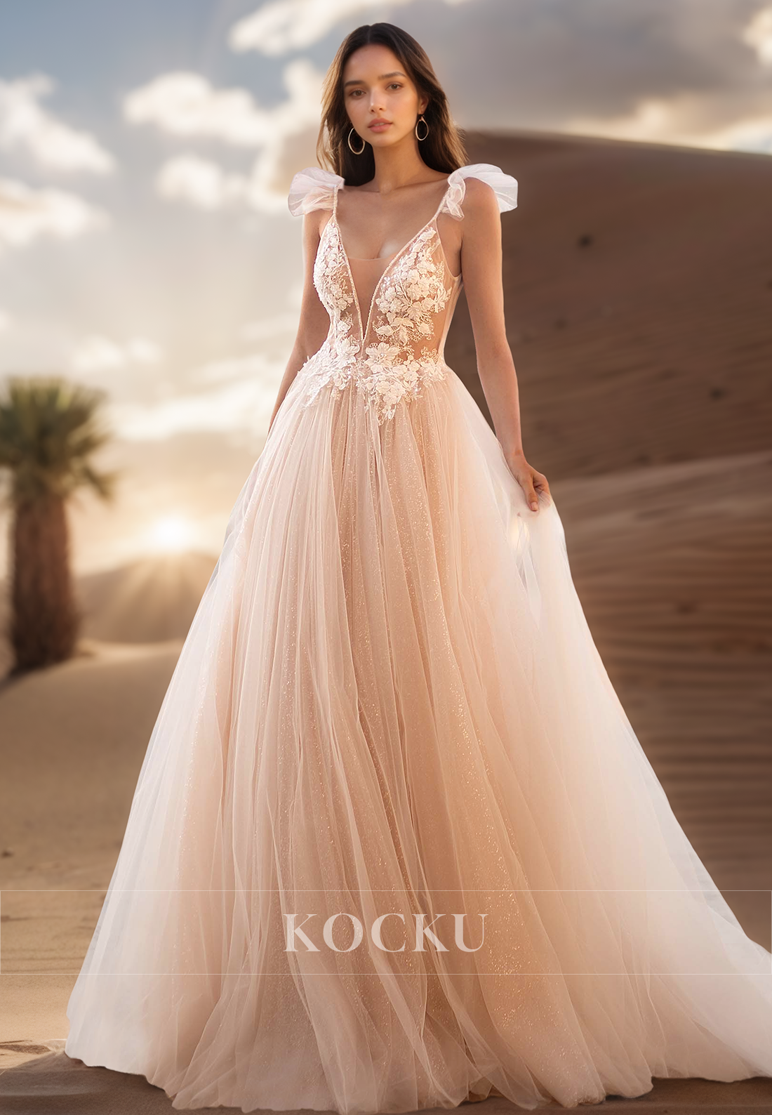 A Line Illusion V Neck Lace Appliques Beads Dream Wedding Dress