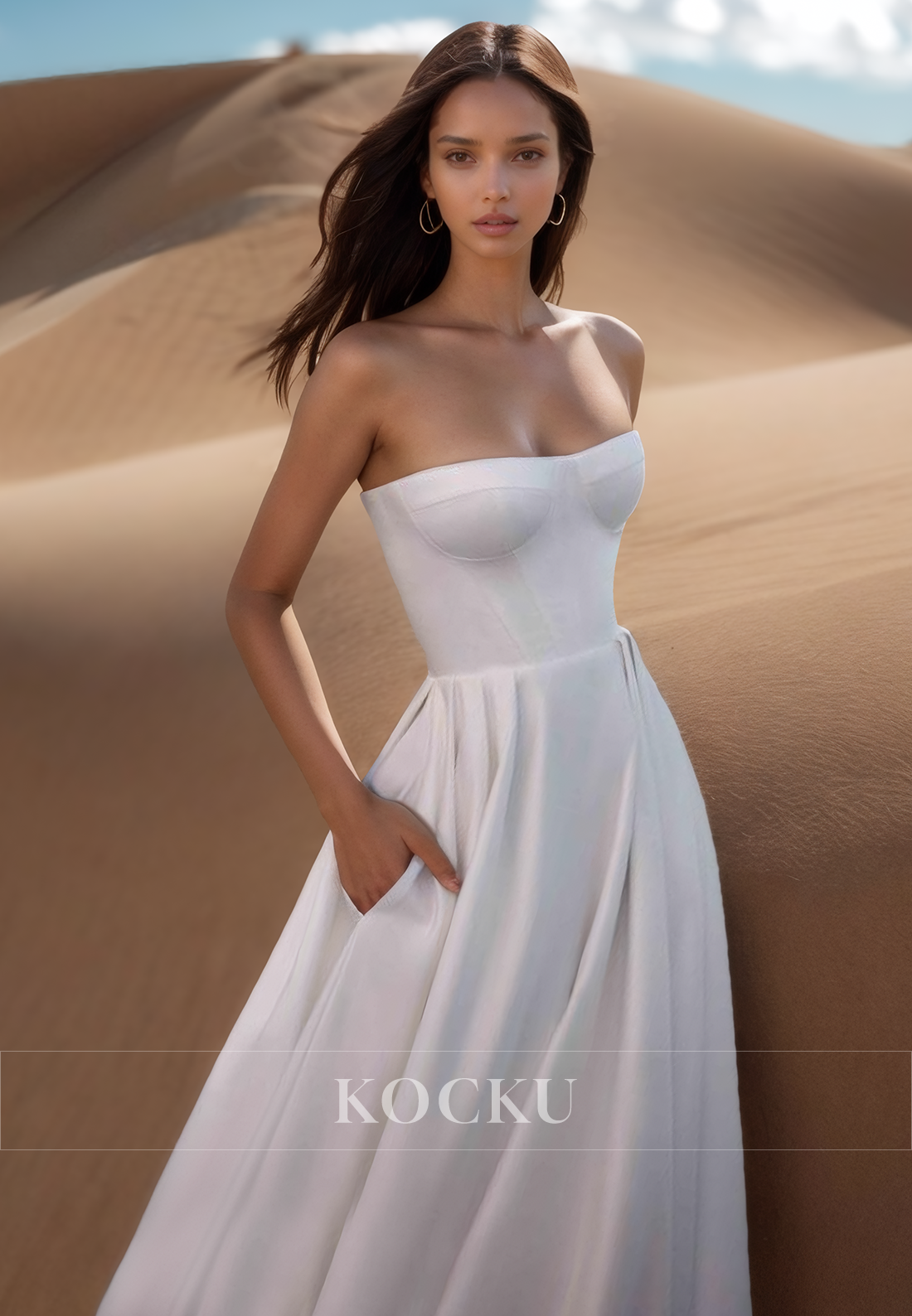A Line Strapless Satin Cheap Wedding Dress with Pockets