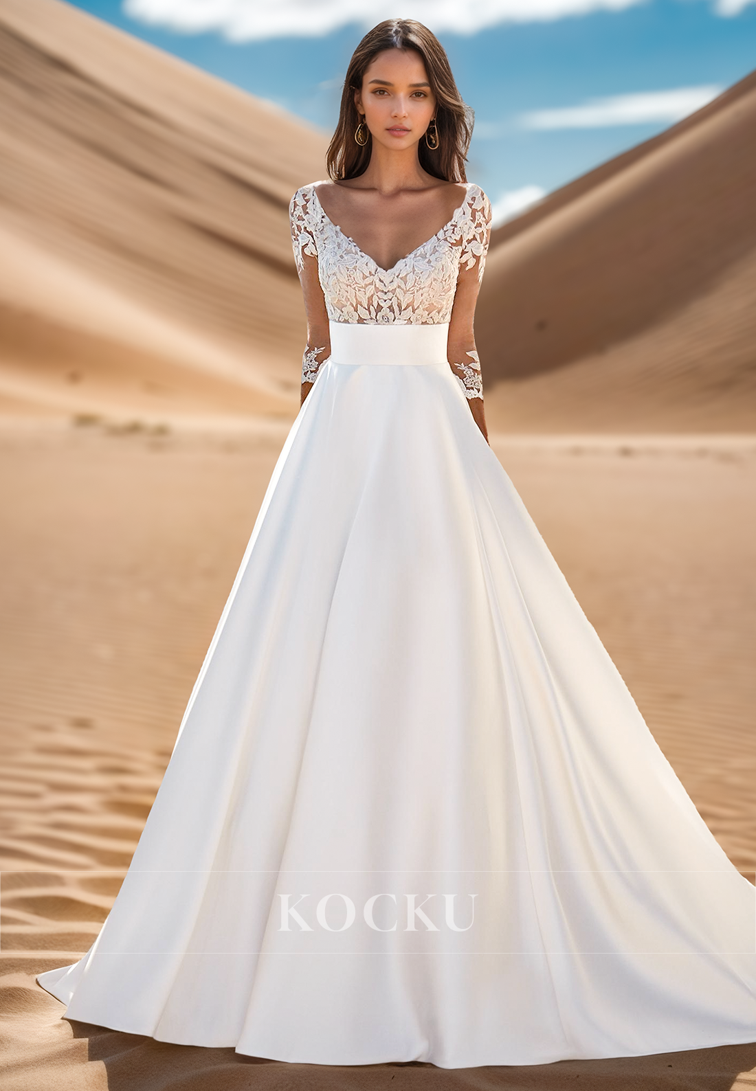 A Line V Neck Lace Appliqued 3/4 Sleeves Cheap Wedding Dress