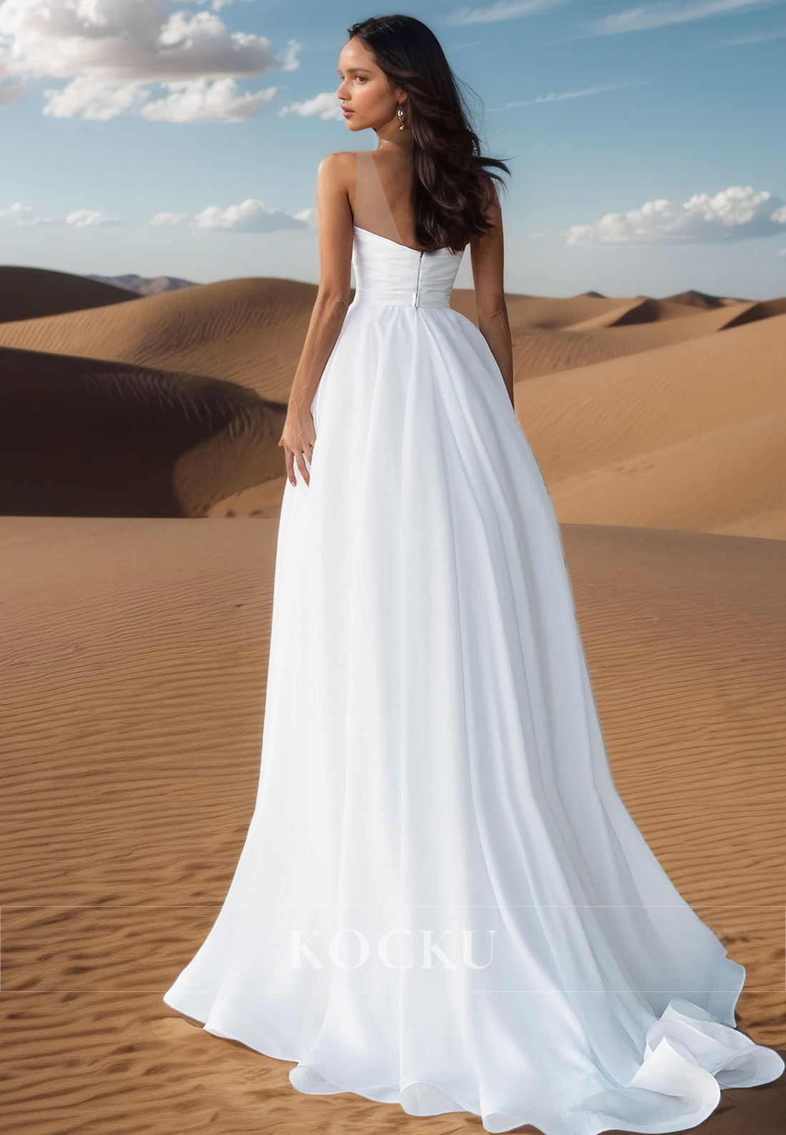 A Line Pearls Orange Simple Wedding Dress with Train