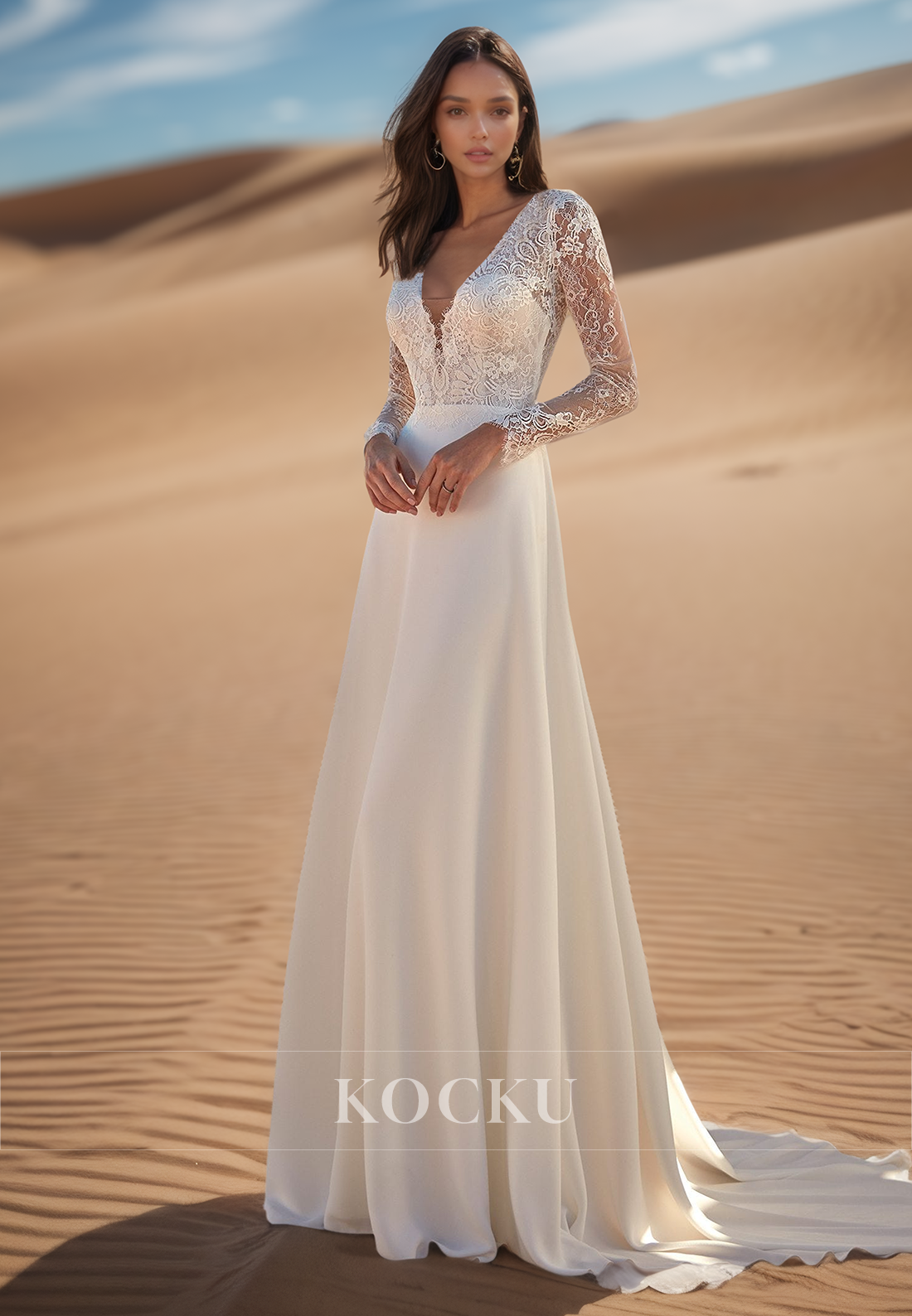 A Line V Neck Lace Long Sleeves Beach Wedding Dress