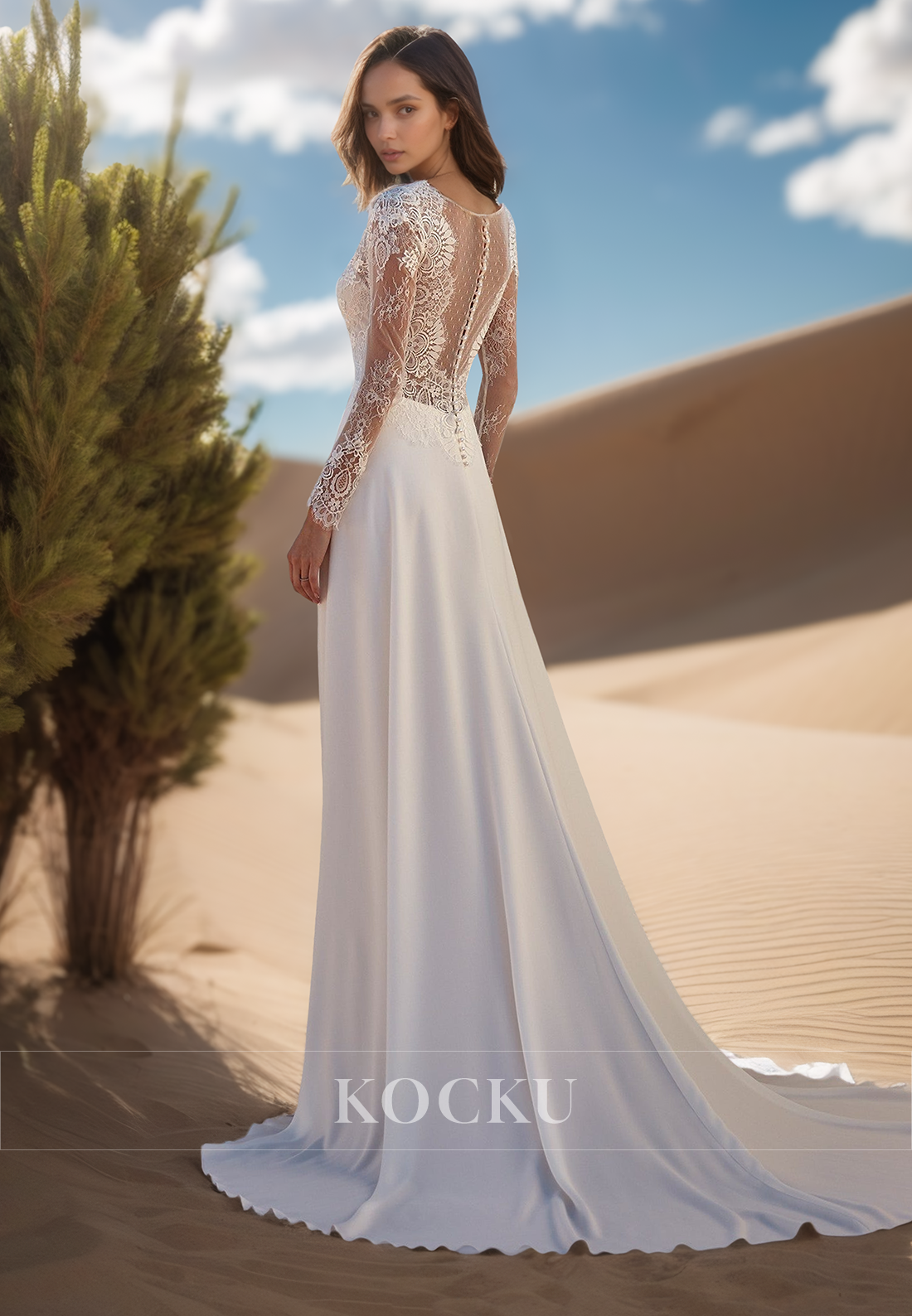 A Line V Neck Lace Long Sleeves Beach Wedding Dress