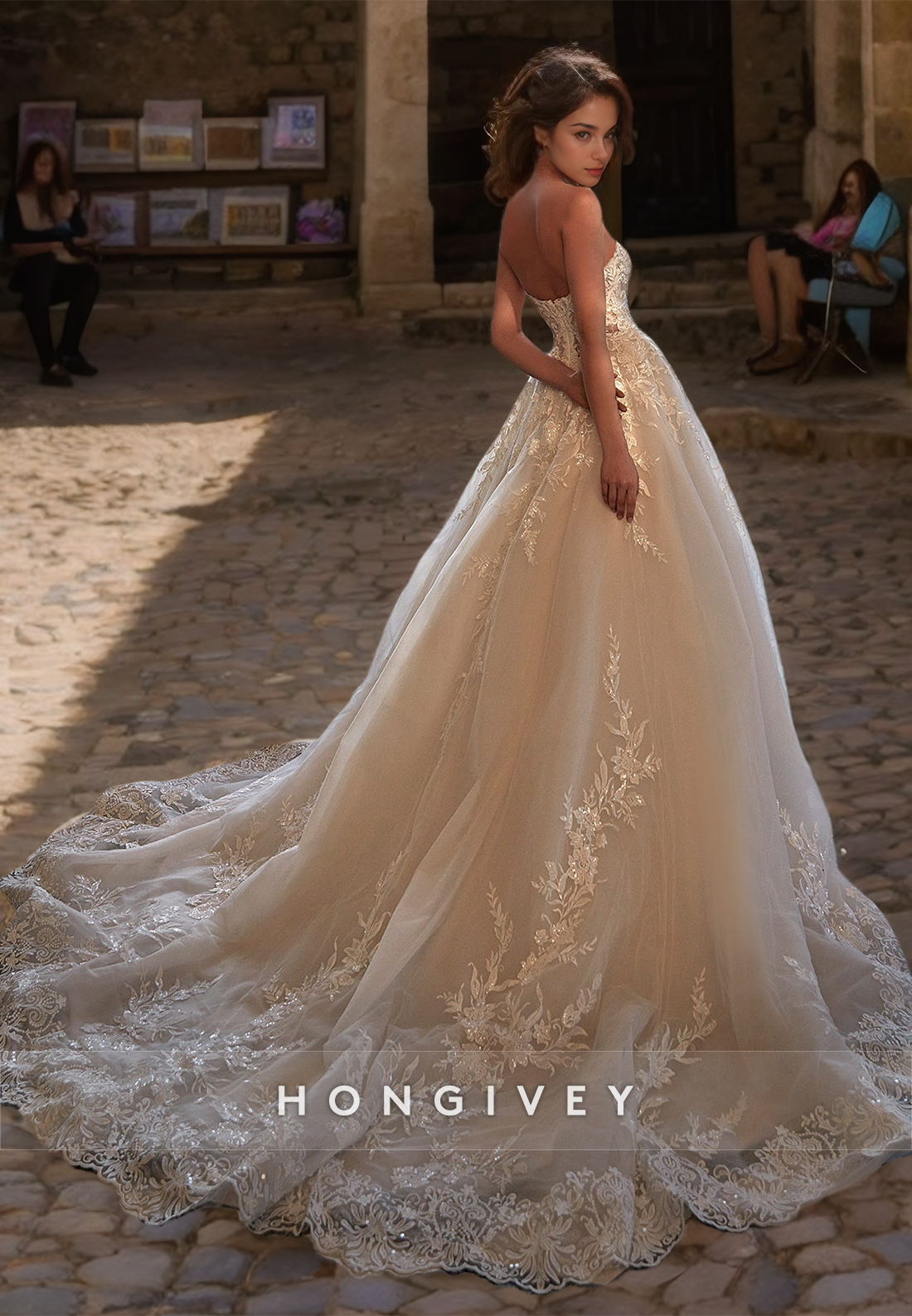 H0894 - Illusion Floral Lace Embroidered Tiered Strapless With Train Long Wedding Dress