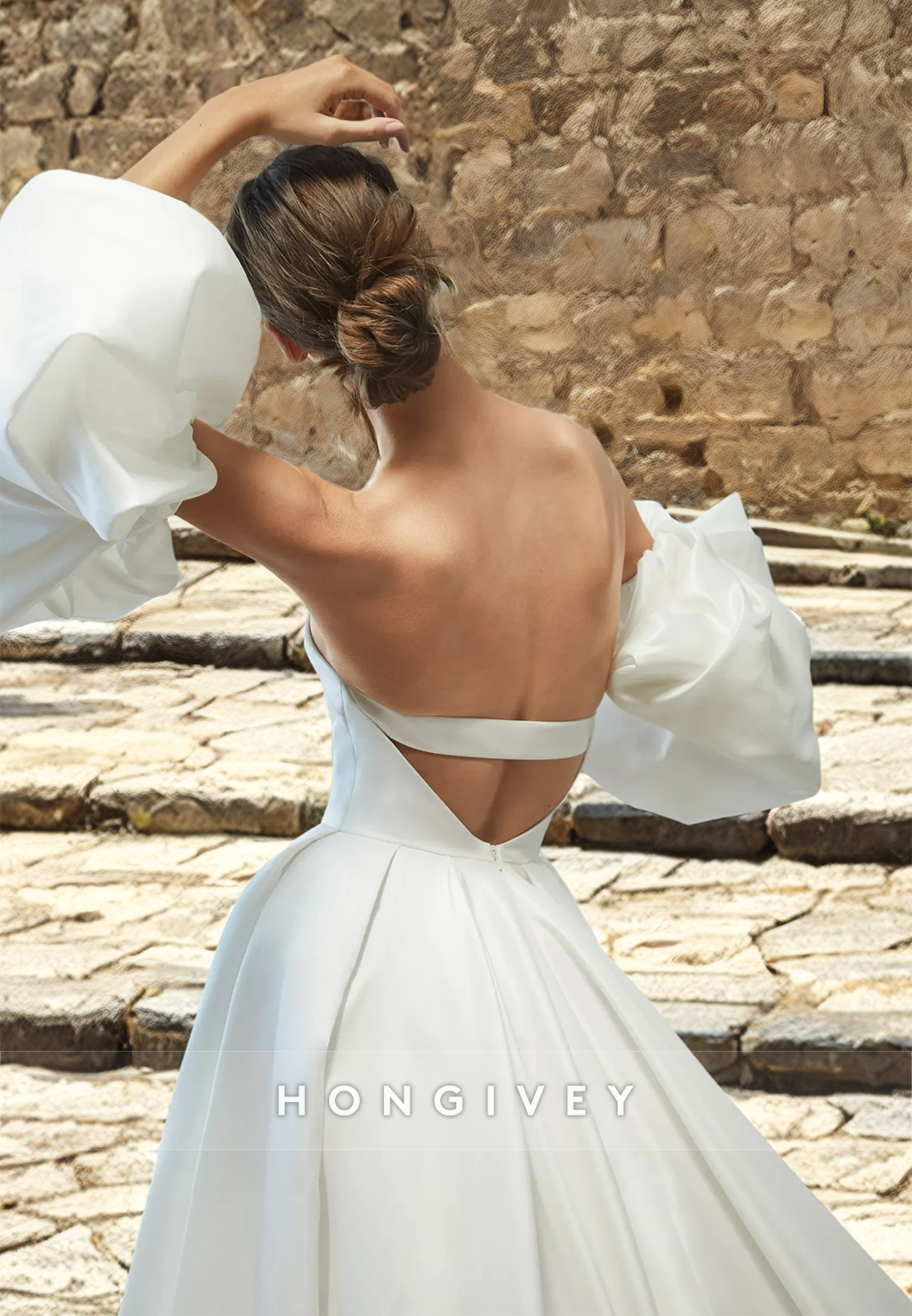 H0942 - Couture Plunging Illusion Puff Sleeves Open Back With Train Long Wedding Dress