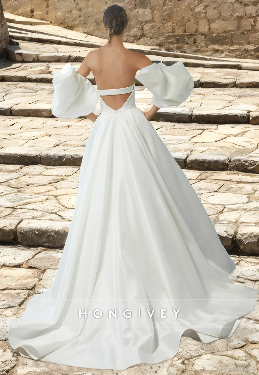 H0942 - Couture Plunging Illusion Puff Sleeves Open Back With Train Long Wedding Dress